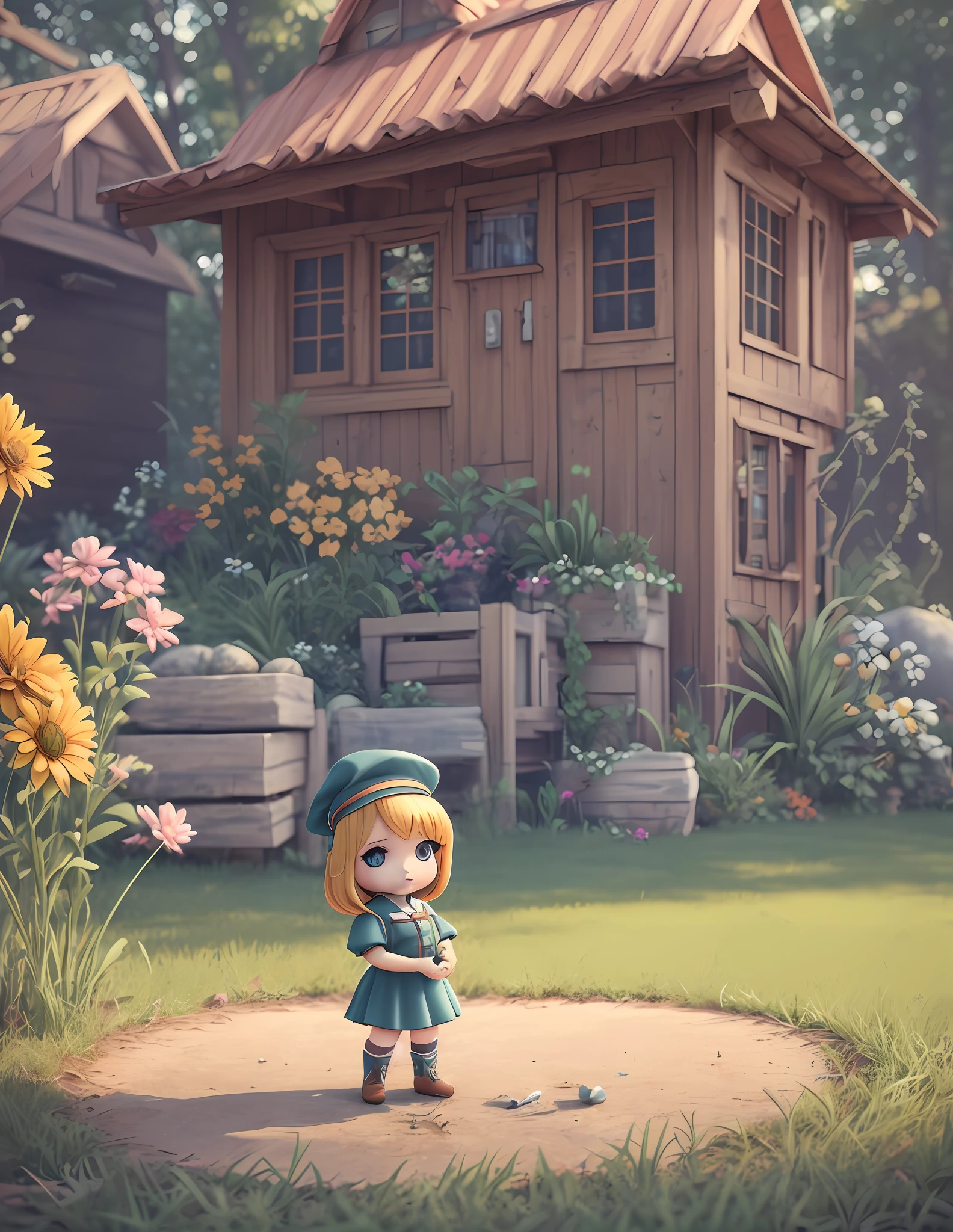This is a little doll standing on the grass with a hat, very cute, detailed presentation with 3D rendering technology, digital art stylized expression. Render a cute 3D anime girl,
Stylized rendering, with the simultaneous appearance of a cute ceramic doll and a super detailed fantasy character, all presented in a stylized 3D rendering. There will also be cute images of forest creatures and digital art,
The background depicts the atmosphere of April. --auto