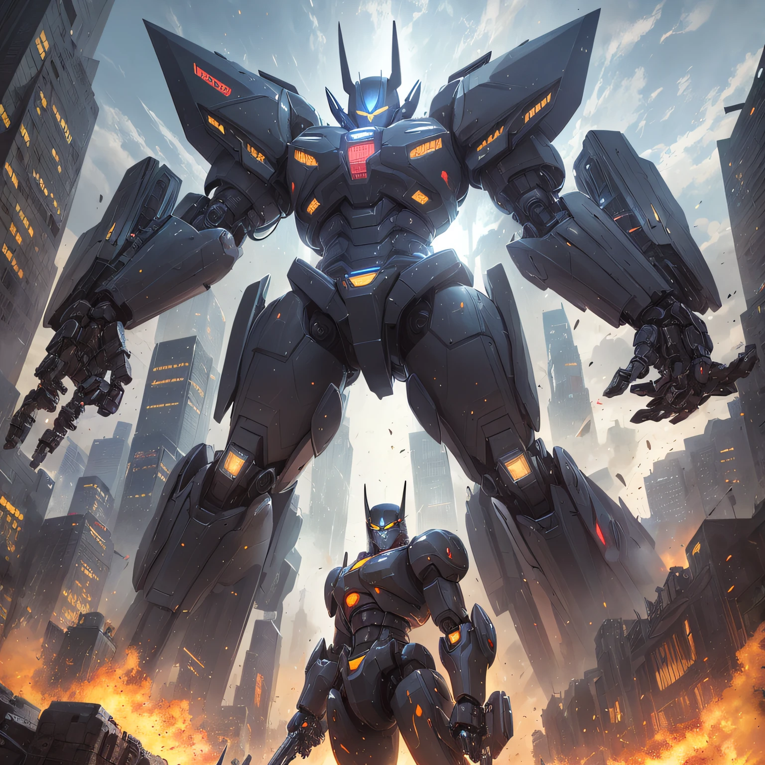 1mecha,Pacific Rim,cyber punk perssonage,Sense of oppression,The city of the future,Fight monsters,,Masterpiece,hyper HD,16k,structurally correct --auto