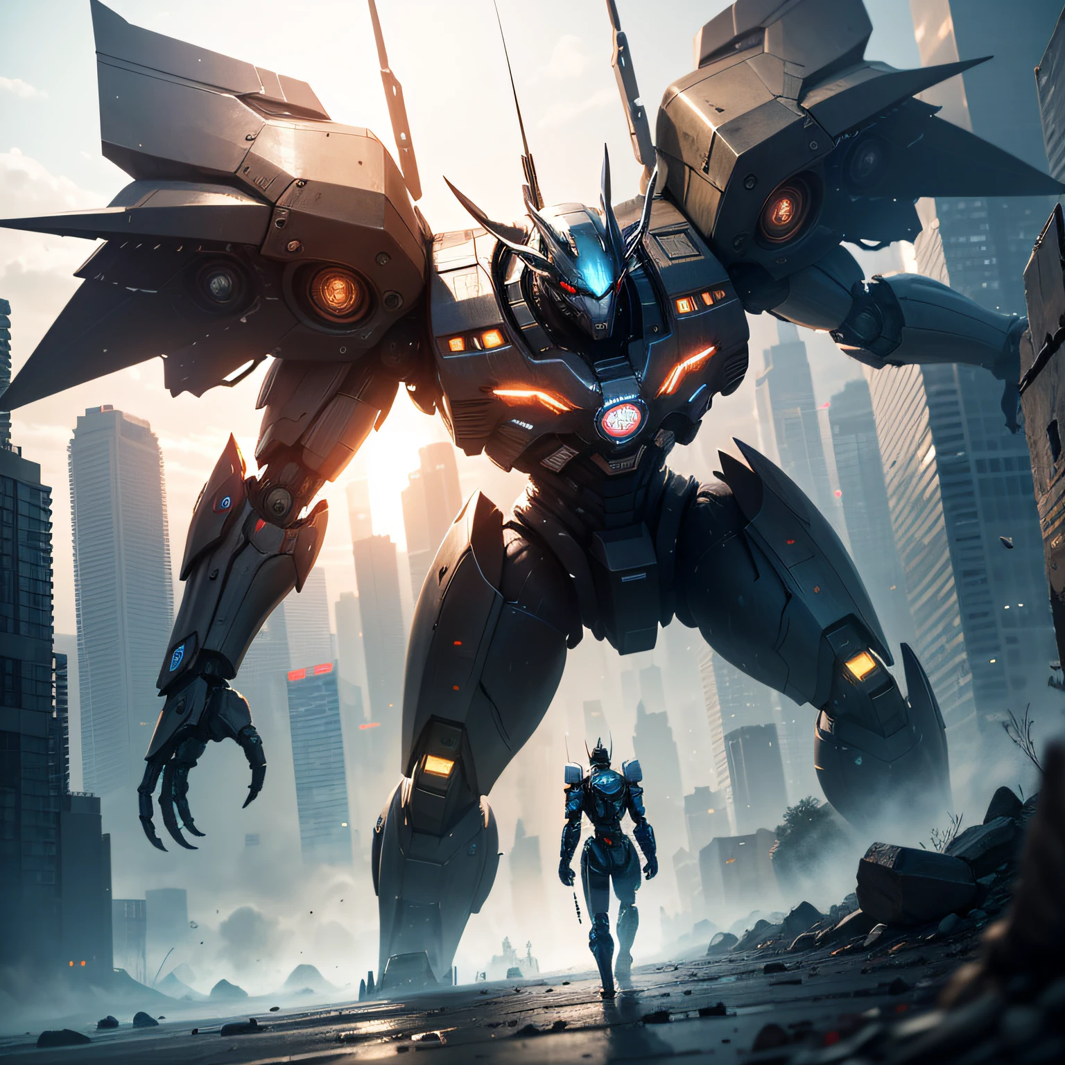 1mecha,Pacific Rim,cyber punk perssonage,Sense of oppression,The city of the future,Fight monsters,,Masterpiece,hyper HD,16k,structurally correct --auto