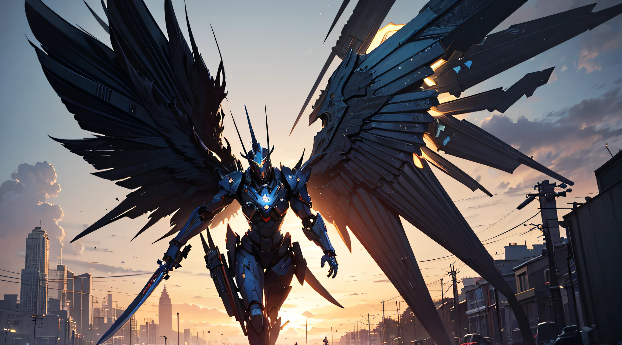 Men wear mecha, There are throwing knives everywhere, Long knife in hand,There is a sense of technology on the knife, The eyes are covered by armor,There are electronic eyes, Abstractionism, , , Cinematic lighting, hyper HD, Masterpiece, ccurate, Super detail, High details, High quality, Best quality, A high resolution, 16k,There are 5 throwing knives around,The throwing knife should be significantly strengthened,The throwing knife is his dark weapon!He has mechanical wings behind him, --auto