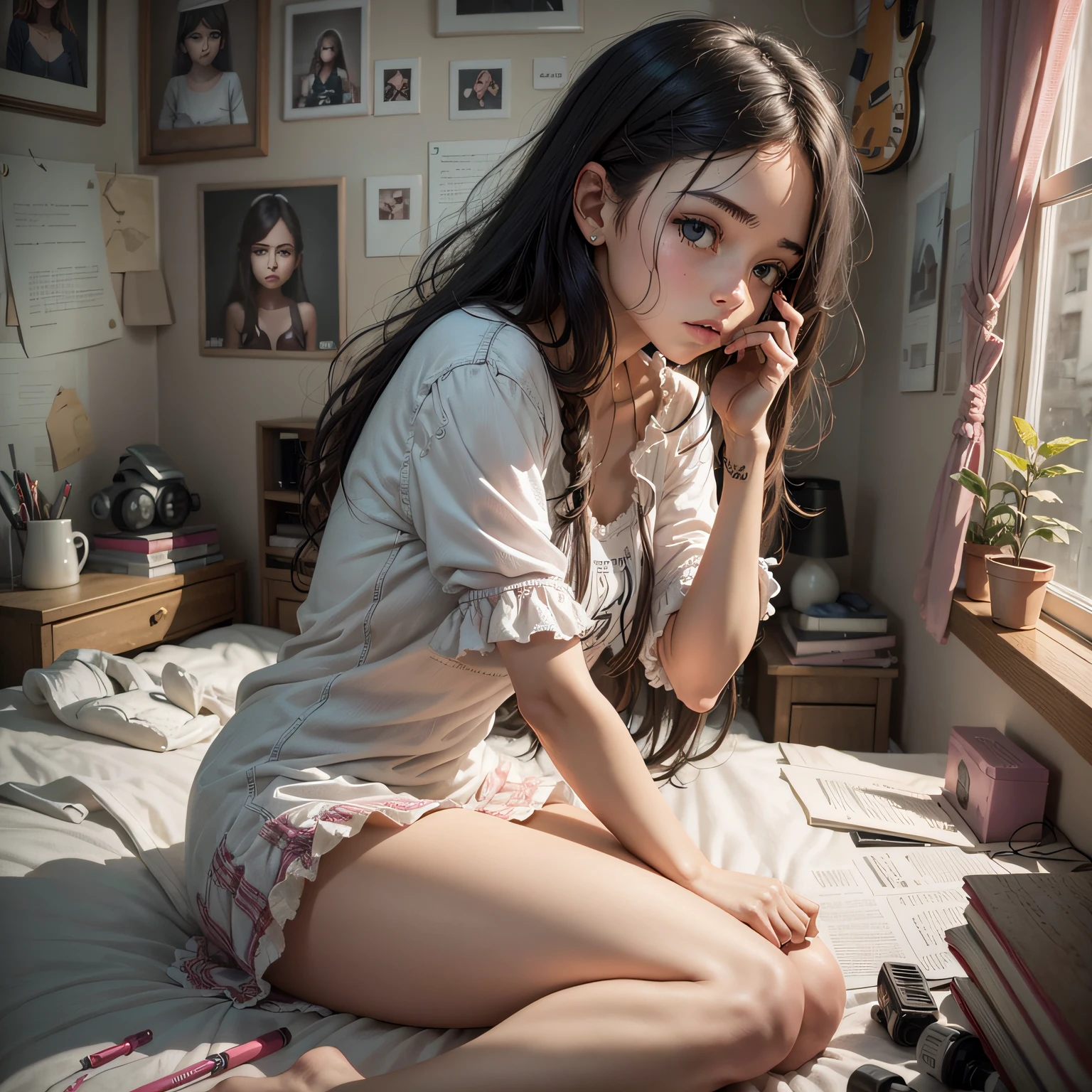 (tmasterpiece,top-quality,8k wallpaper,A high resolution,Ultra photo realsisim),1girll,独奏,Near full body composition,Slim body:1.1,(Beautiful face like a doll:1.5),beauitful face,beautidful eyes,详细的脸,Detailed eyes,detailed nose,Detailed mouth,(long whitr hair:1.5),(By bangs:1.5),黑The eye,Sweet girl style,Bigchest,Vest line,Quaint room, sit on a bed,(self - portrait:1.5)Chest patch,Briefs,Barefoot,Natural private photos;。cameras ="Sony A7 IV";shot of="Tamron 28-200mm f/2.8-5.6 Di III RXD”;"Aperture = f/6.3“;"Shutter speed = 1/1600 seconds";”ISO=100“; --auto