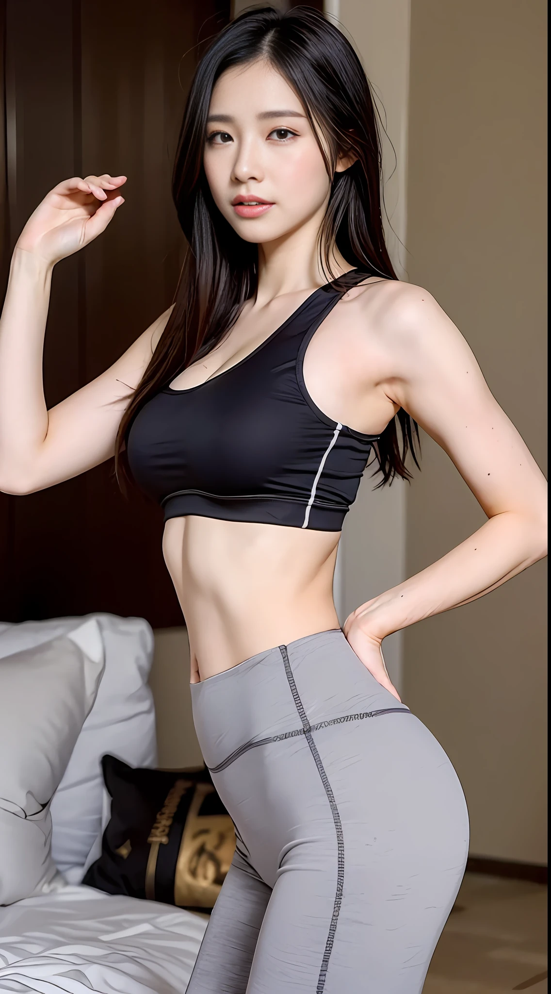 ((top-quality、8K、​masterpiece:1.3))、Tall and beautiful woman、Perfect figure:1.4、Slender Abs、Dark brown hairstyle、shorth hair、Light gray yoga pants、No postural movement、Stand up straight、huge bust、Highly detailed facial and skin texture、A detailed eye、二重まぶた、Face with a cold、A royal sister full of fans、full body Esbian、Peach butt、Small Sports Bra、squatt