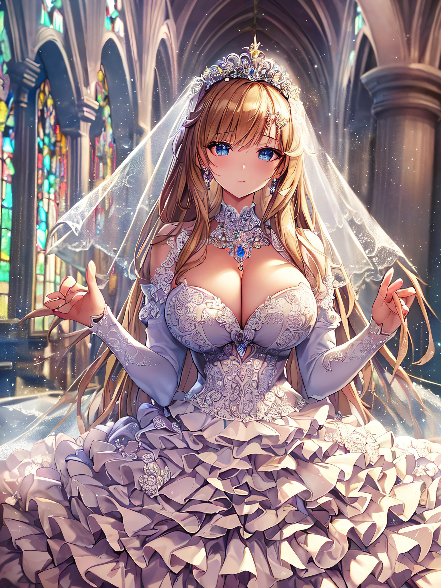 ((anime artstyle)),(Masterpiece),(Best Quality), (Super Detail),((Very Delicate and Beautiful)),Focus on character,Dynamic Angle,Looking at viewer,((Solo)),standing,((full body)),((one princess in gorgeous ball gown wedding dress with voluminous skirt)),((June bride)),detailed face and eyes,jewel-like eyes,((Very Long voluminous Hair)),gorgeous embroidery and lace,((gorgeous corsage)),See-through,ornate ruffles,(Gorgeous jewelry ornaments),luxury hair ornament,luxury tiara with jewels,(gigantic breasts,Long breasts),(indoor,church wedding),((full body)),hoop skirt,crinoline,very long wedding veil,bling-bling,(((fusion of jeweled wedding dress and gorgeous embroidery rococo ballgown))),