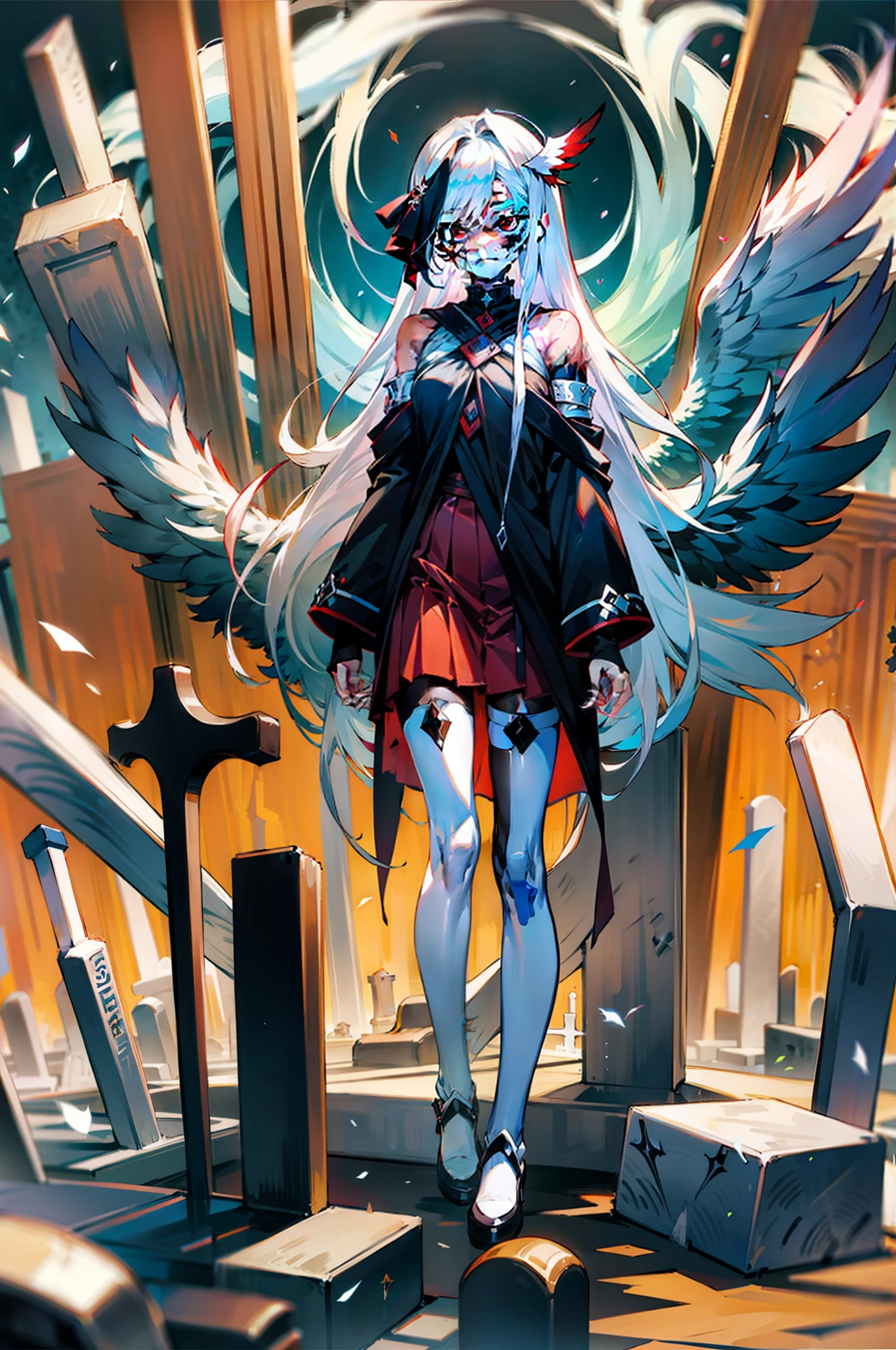 (tmasterpiece), 8K,Beautiful girl with white hair, Long hair and red eyes,Black stockings and shoulders,There are scars on the face,Angel wings,black cloaths,Surrounded by a large scene cemetery