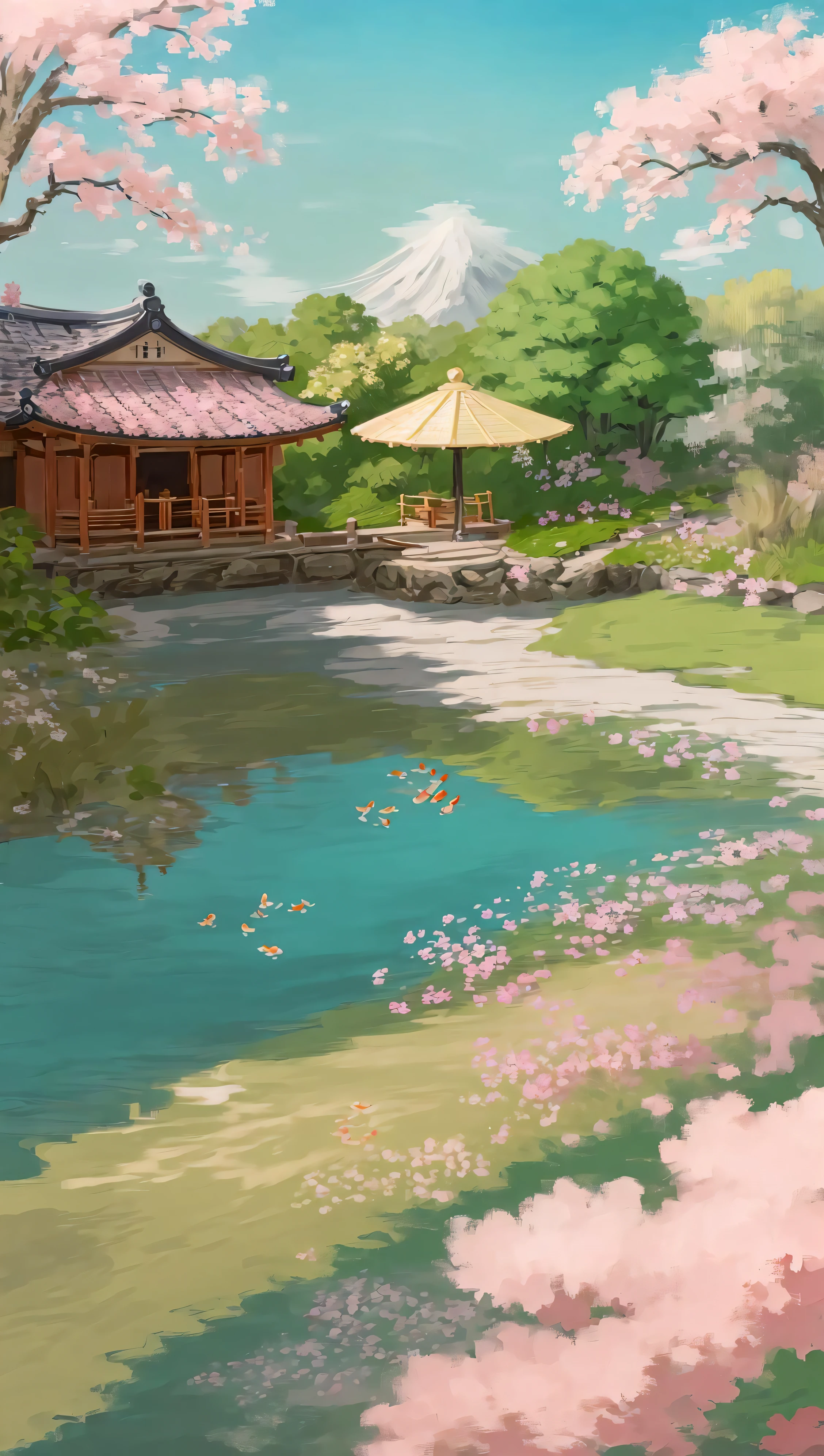 (digital painting),(best quality), (buildings:1.3), serene Japanese garden, cherry blossoms in full bloom, koi pond, footbridge, pagoda, Ukiyo-e art style, Hokusai inspiration, Deviant Art popular, 8k ultra-realistic, pastel color scheme, soft lighting, golden hour, tranquil atmosphere, landscape orientation