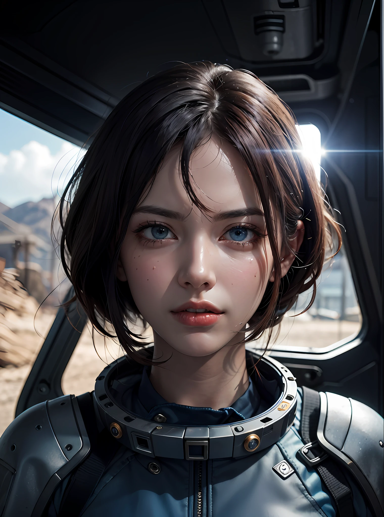 Hyper-realistic, dramatic, and cinematic portrait of a (determined) woman, with (short, tousled brunette) hair, detailed (intense, steel blue) eyes, and a detailed, resolute face, (capturing the essence of her courage and resolve in the face of danger), reminiscent of a still from the classic movie "Alien," showcasing intricate skin texture, (sweat glistening on her forehead and a clenched jaw), and strong features, (including the sharp contour of her cheekbones and the furrowed brow), (wearing a utilitarian, worn space suit with an atmospheric, dimly lit spaceship interior in the background), realistic, hyper realistic, highly detailed, depth of field, Detailed and Intricate, Photo, HD, Cinematic, Dynamic Lighting, (bokeh), ((captivating)), lens flare, (god rays:1.1), (cinema effect)
, ((detailed face and eyes)),