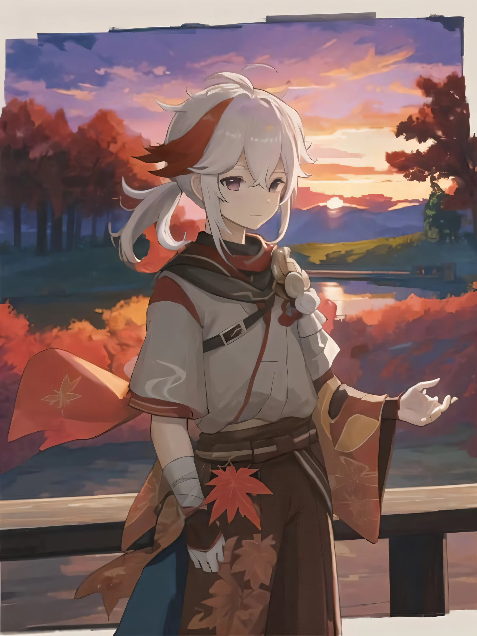 masterpiece, best quality, 1boy, kaedehara kazuha, head, official clothes,
maple leaf, sunset,