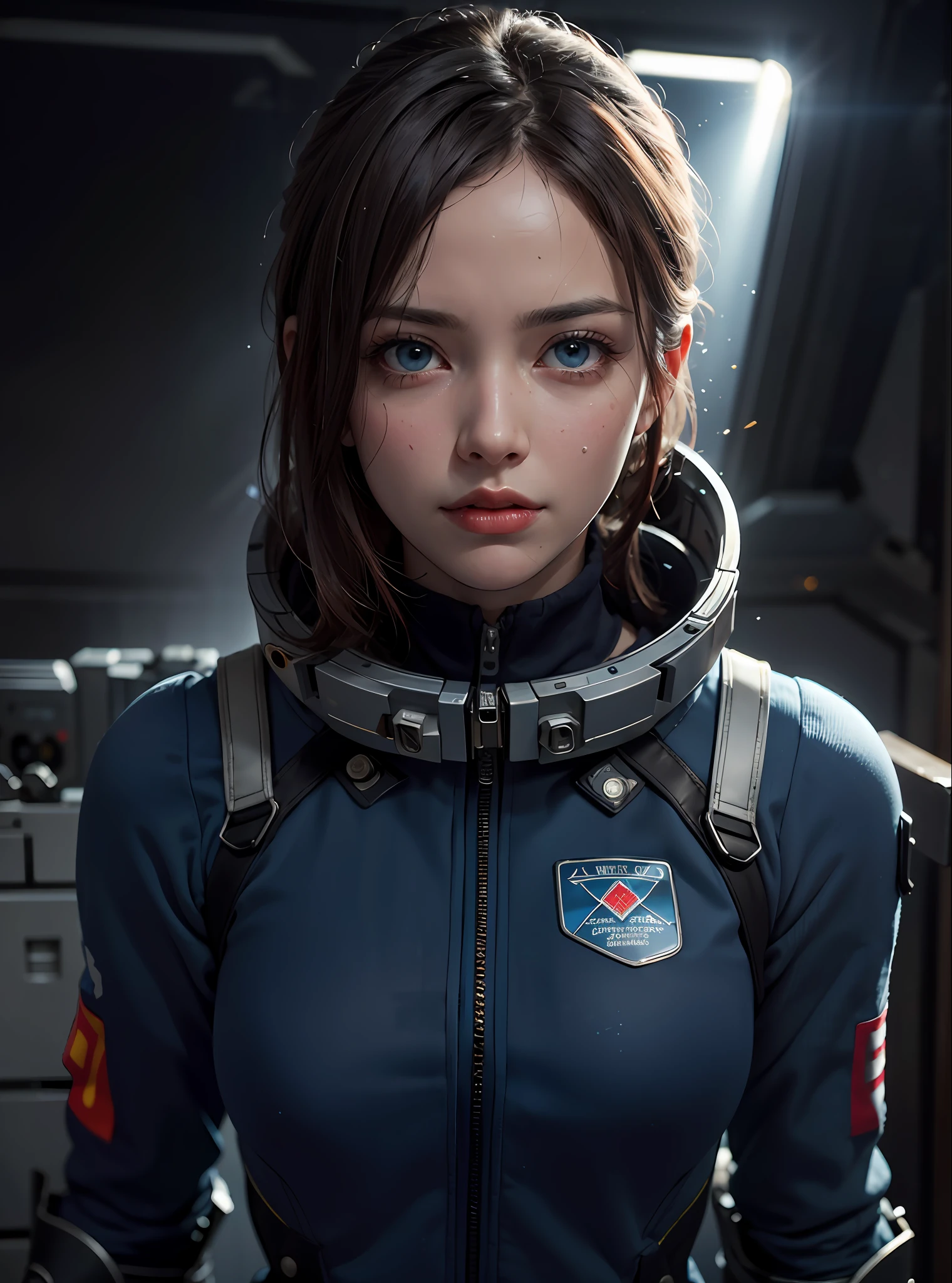 Hyper-realistic, dramatic, and cinematic portrait of a (determined) woman, with (short, tousled brunette) hair, detailed (intense, steel blue) eyes, and a detailed, resolute face, (capturing the essence of her courage and resolve in the face of danger), reminiscent of a still from the classic movie "Alien," showcasing intricate skin texture, (sweat glistening on her forehead and a clenched jaw), and strong features, (including the sharp contour of her cheekbones and the furrowed brow), (wearing a utilitarian, worn space suit with an atmospheric, dimly lit spaceship interior in the background), realistic, hyper realistic, highly detailed, depth of field, Detailed and Intricate, Photo, HD, Cinematic, Dynamic Lighting, (bokeh), ((captivating)), lens flare, (god rays:1.1), (cinema effect)
, ((detailed face and eyes)),