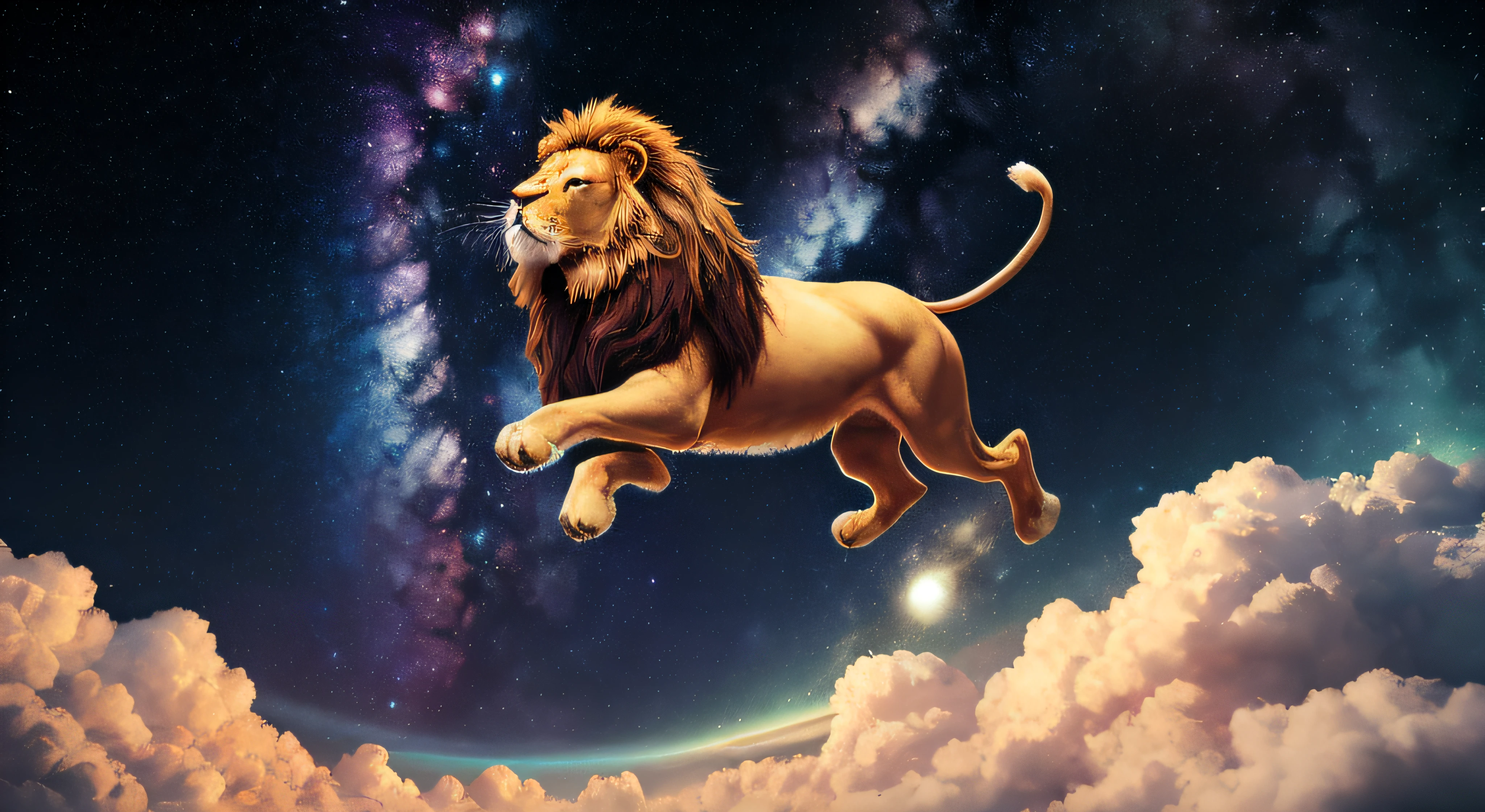 Araffe flying in the sky with a lion in the clouds, Aslan the Lion, Lion, it is flying through space, no universo.altamente realista, 2 d full body lion, extremely high-resolution, paper awesome wallpaper, amazing space creature 4 k, the man riding is on the lion, chita correndo sobre nuvens, lion body, flying in space