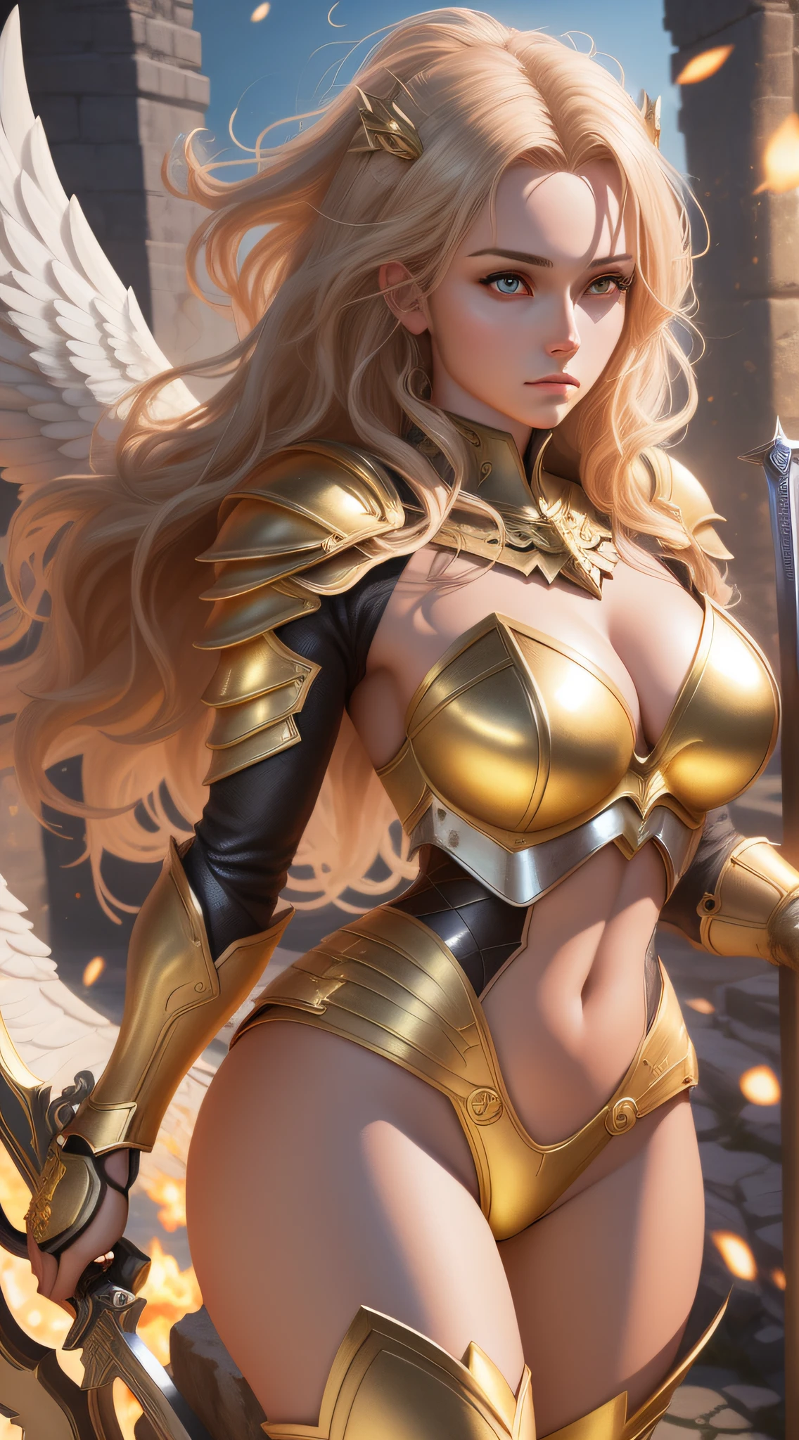 Close-up of a woman in a golden outfit holding a sword, Angelic Golden Armor, Ange Chevalier Fille, Extremely detailed artgerm, anime goddess, Armor Girl, karol bak uhd, Ange en armure de plastique, magnifique paladin femelle, 2. 5 d CGI Anime Fantasy Artwork, Artgerm Julie Bell Beeple, golden armor