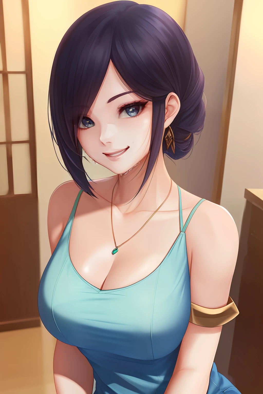 ((Best Picture Quality, 8k, tmasterpiece:1.3)), 1girl, Beautiful woman with slender abs:1.3, (Casual hairstyle, Leaking large breasts on the side:1.2), shift dresses:1.1, Ultra-fine face, A detailed eye, 二重まぶた，ssmile，Home,