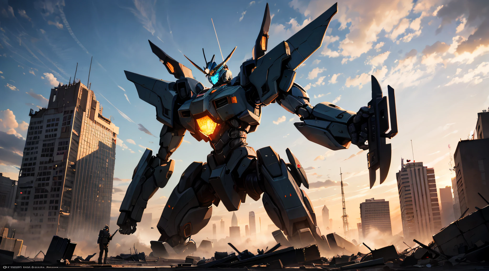 A colossal mecha, known as the Iron Sentinel, stands amidst a post-apocalyptic cityscape. The setting is at dusk, with the dying rays of the sun casting a warm, orange glow across the decimated buildings. The mecha's metallic surface glistens, reflecting the fading light, while intricate details and textures bring it to life. The scene is adorned with billowing smoke, giving an eerie ambiance to the surroundings. The image is rendered with meticulous attention to lighting and shading, capturing the interplay of shadows and highlights on the mecha's intricate design. The mood is somber yet resilient, evoking a sense of awe and wonder in the face of destruction and survival --ar 16:9 --v 5 --q 2