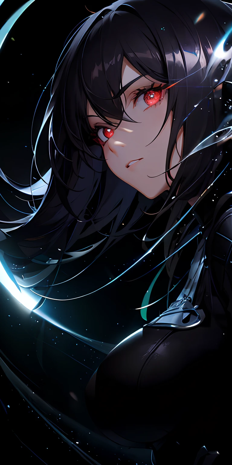 (masterpiece, best quality, ultra-detailed, best shadow), (detailed background, dark fantasy), (beautiful detailed face), high contrast, (best illumination, an extremely delicious and beautiful), ((cinematic light)), colorful ，hyper-detailing，dramatic light，Complicated details，（1个Giant Breast Girl，独奏，brunette color hair，sharpy face，Low double ponytail，red eyes，Hair between both eyes，dynamic angle），swirling black light around character，depth of fields，Black light particles，（brokenglass），Magic Array，