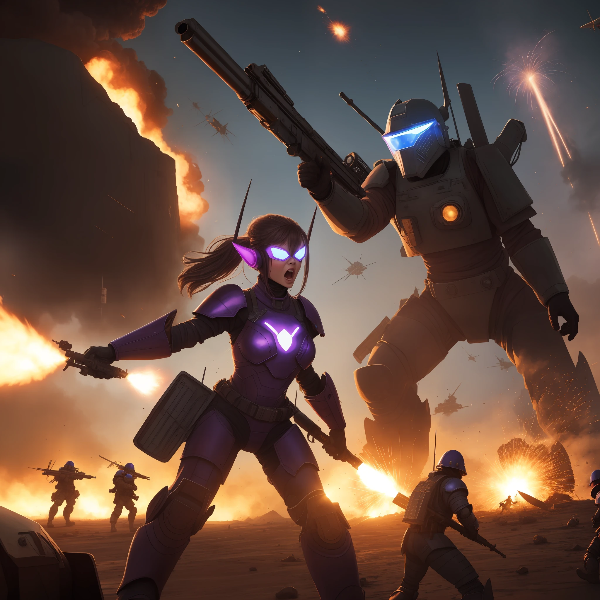 A purple alien woman with antennae and elf ears leads troops into battle, wearing power armour and welding a large rifle, she is shouting orders while explosions in the background destroy flying saucers