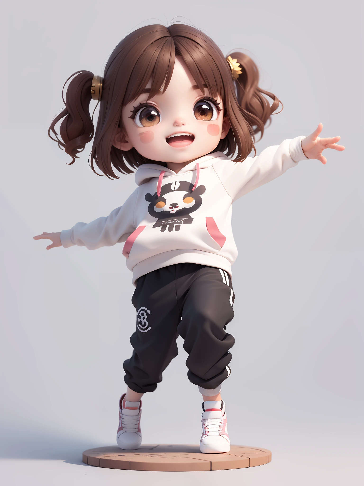 (Masterpiece), (Best Quality), (Ultra Detailed), (Full Body: 1.2), A Boy, Chibi, Cute, Smile, Open Mouth, Dancing, Dancing Hip Hop, Jumping Pose, Hoodie, Blush, Shirt, Short Hair, Brown Hair, Blush Stripe Sticker, Long Sleeves, Brunette Hair, Sneakers, Pants, 3D Clay Rendering, White Background, (Beautiful Detailed Face), (Beautiful Detail Eyes),