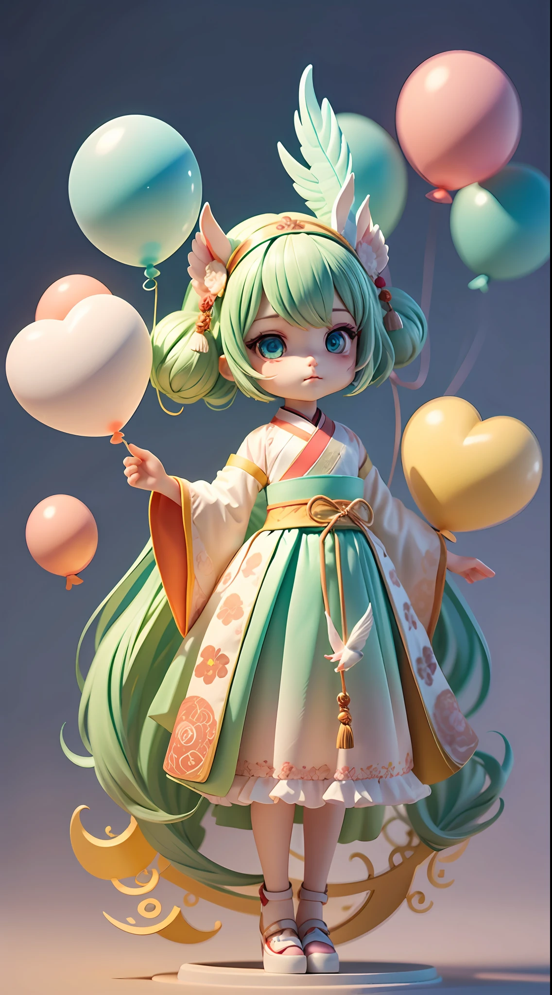 anthro rooster,heal,wearing a hanfu,Winged ears on the head, fluffly, featheredwings,gradient pink ((best qualtiy)), ((tmasterpiece)), ( extremedetailed, highest details, offcial art, Beauty and artistic aesthetics:1.2), Composition full body,(tchibi),(Beautiful and delicate eyes:1.3),(Light mint green and gradient white),Popmart blind box,Clay texture,(Heart-shaped transparent balloon,Clouds decorate background)