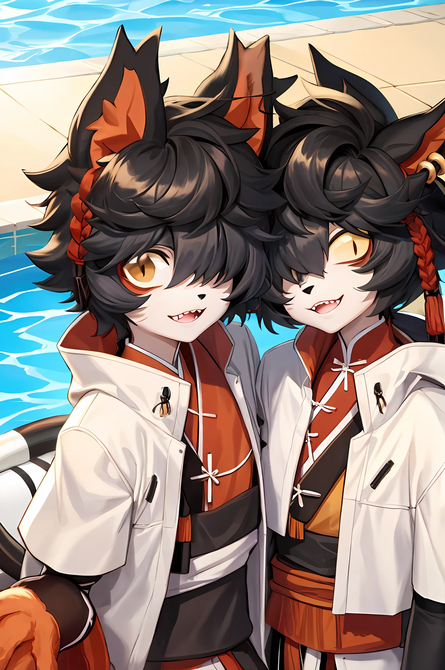 Fury,furry,Hairy all over,Canine line,boy,Shota,Cute style,By the pool,Two frolics,Japanese style,Blue-white skin,Orange eyes