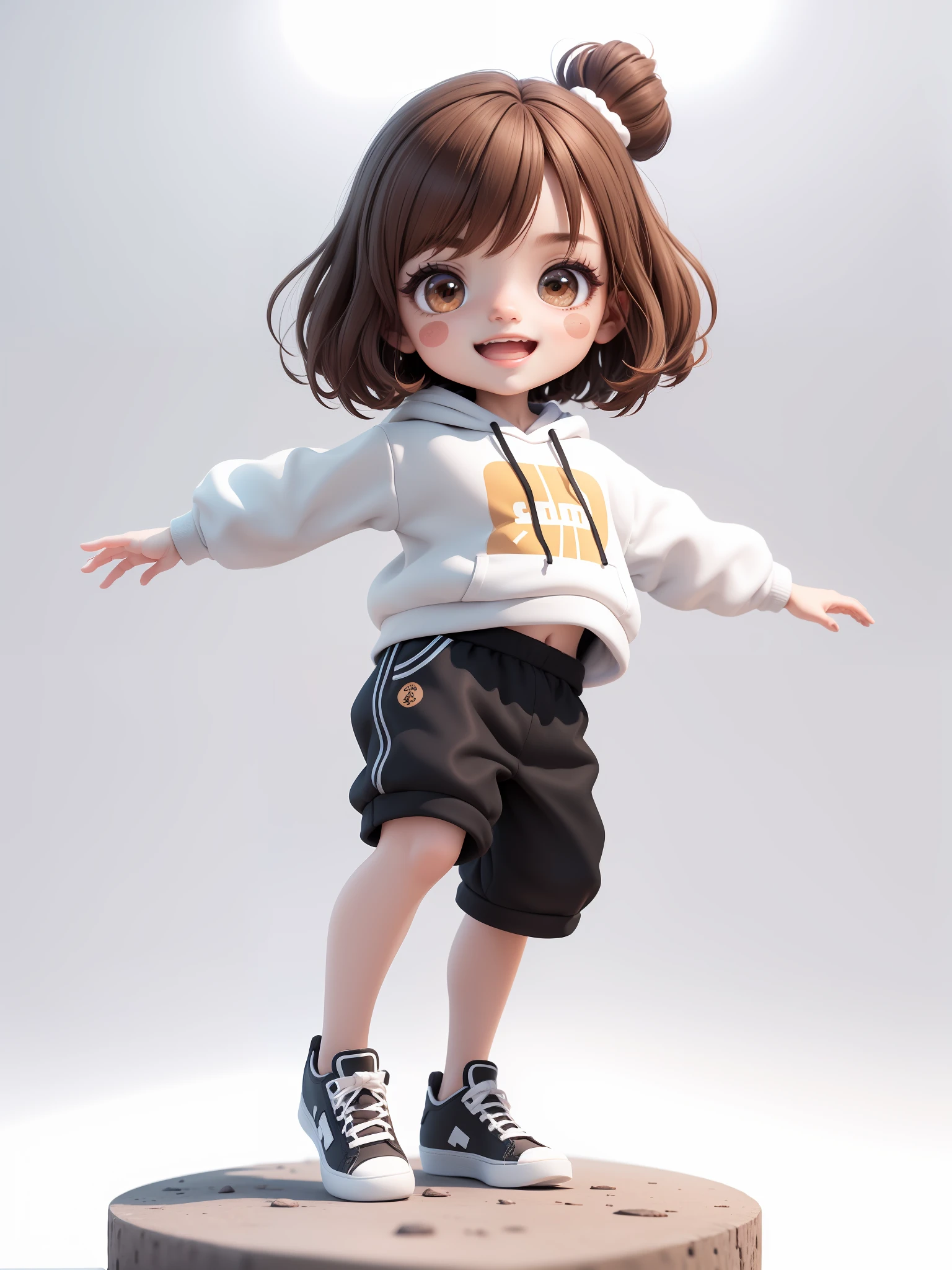 (Masterpiece), (Best Quality), (Ultra Detailed), (Full Body: 1.2), A Boy, Chibi, Cute, Smile, Open Mouth, Dancing, Dancing Hip Hop, Jumping Pose, Hoodie, Blush, Shirt, Short Hair, Brown Hair, Blush Stripe Sticker, Long Sleeves, Brunette Hair, Sneakers, Pants, 3D Clay Rendering, White Background, (Beautiful Detailed Face), (Beautiful Detail Eyes),