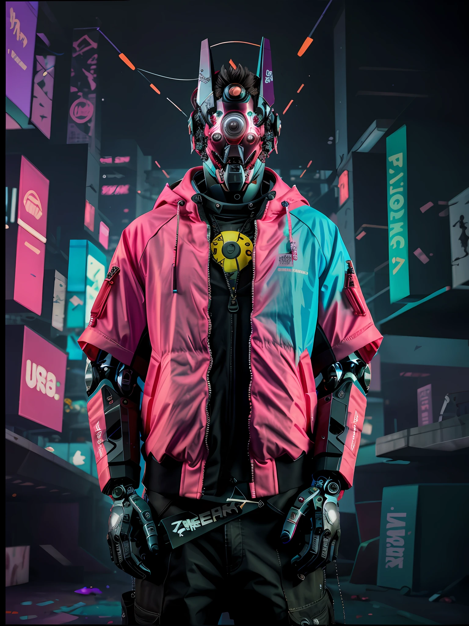 A close-up of a psychotic man in a cyberpunk jacket, with cybernetic implants and a gun. The style must be futuristic and technological, Like you're in a dystopian sci-fi world. Lighting should be dark with cybernetic and neon tones. El hombre debe tener un aspecto despiadado y peligroso, con una mirada fija y amenazante en sus ojos. chupas!,