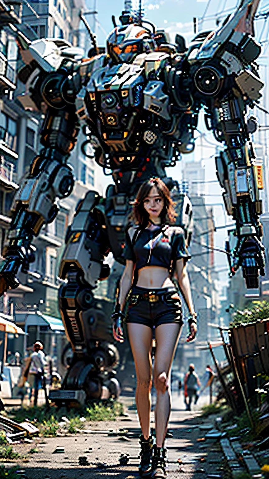 ((masterpiece, best quality)),illustration,ultra detailed 8k,photorealistic,sharp focus,highly detailed,professional lighting,colorful details,iridescent colors BREAK extreme long shot of a factory,large mechanical robot construction,microchip,computer,glowing,intricate details,shitu-mecha,1girl is standing in front of the audience,Navel