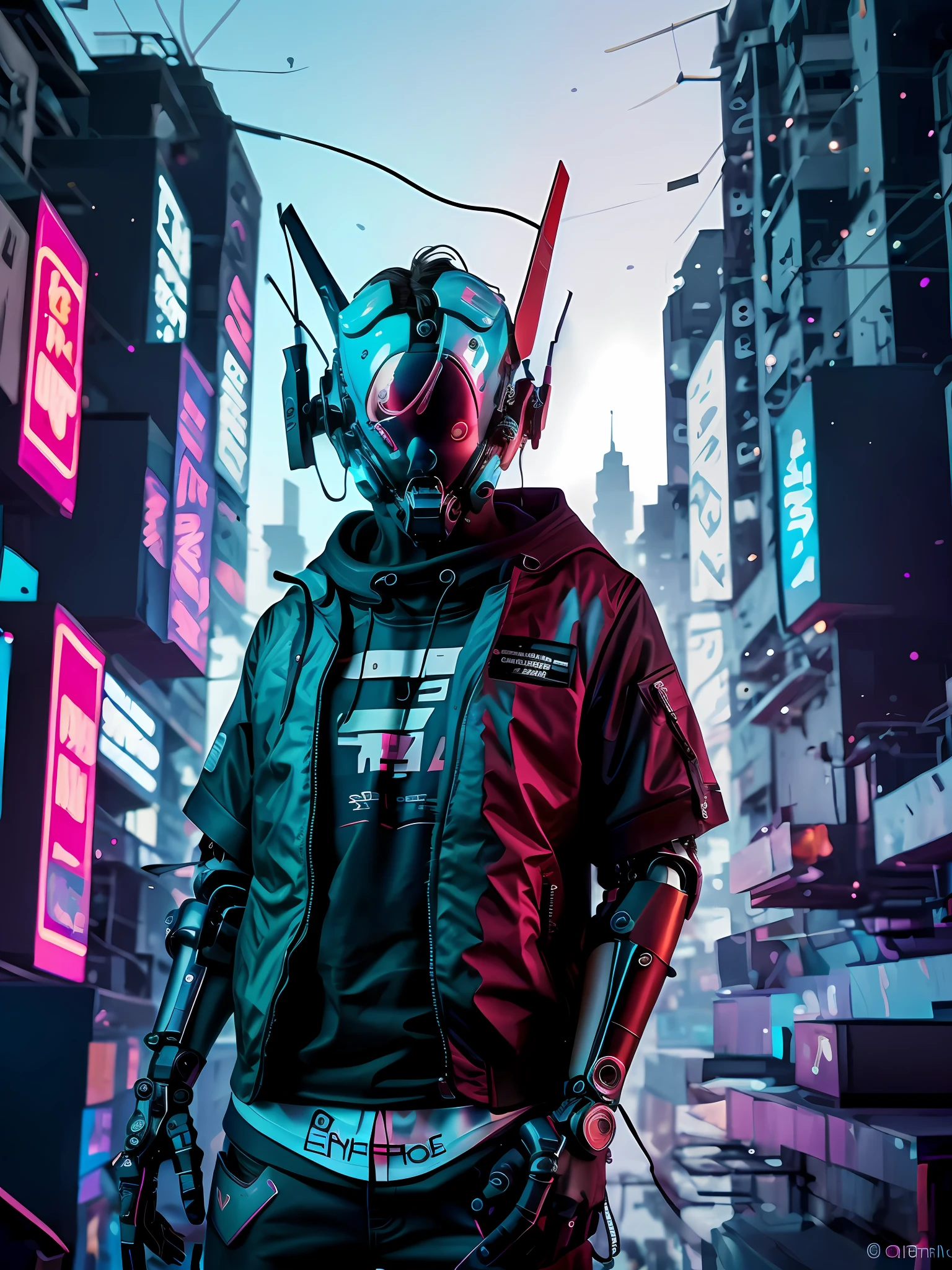 A close-up of a psychotic man in a cyberpunk jacket, with cybernetic implants and a gun. The style must be futuristic and technological, Like you're in a dystopian sci-fi world. Lighting should be dark with cybernetic and neon tones. El hombre debe tener un aspecto despiadado y peligroso, con una mirada fija y amenazante en sus ojos. chupas?,
