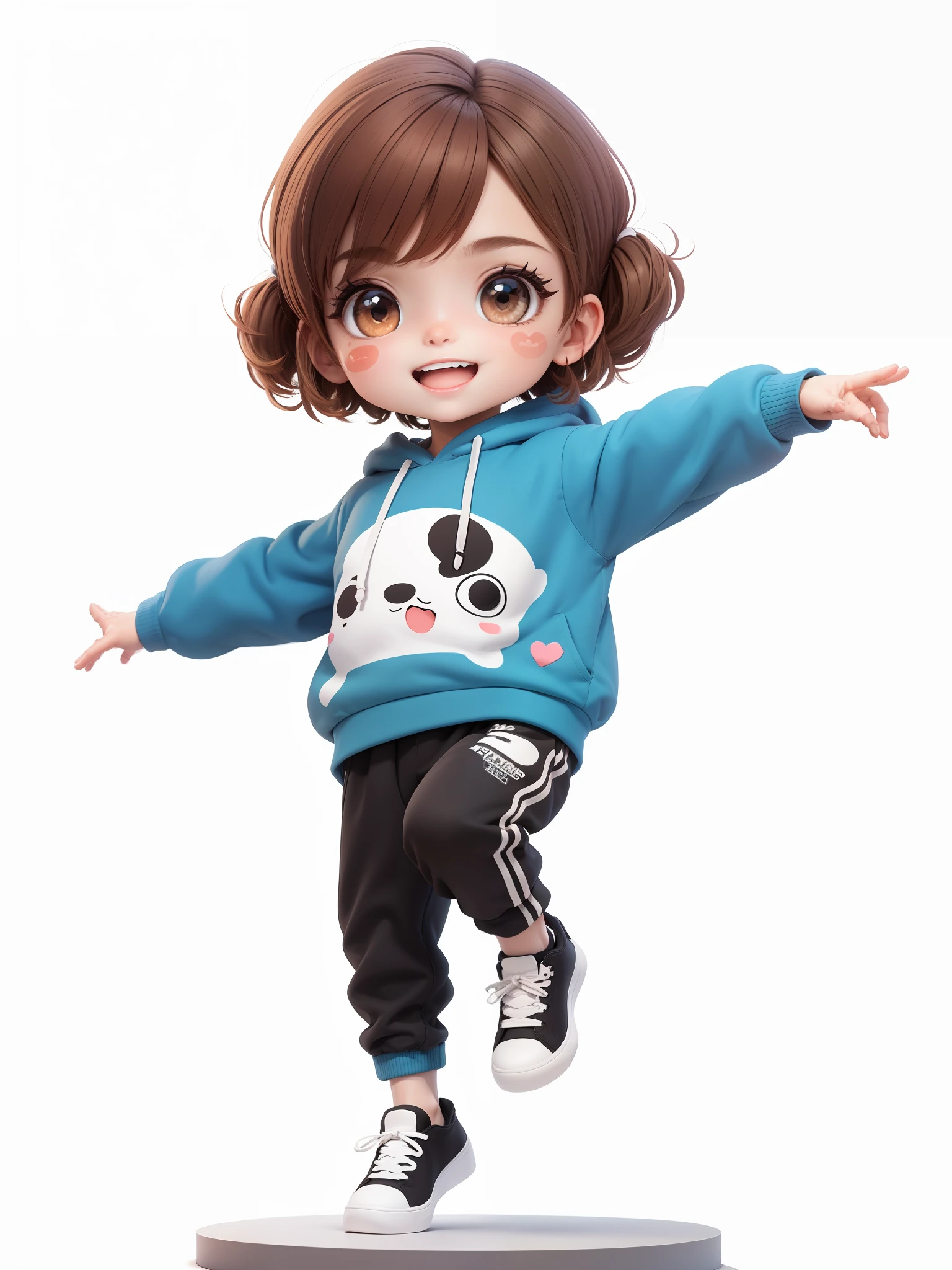 (Masterpiece), (Best Quality), (Ultra Detailed), (Full Body: 1.2), A Boy, Chibi, Cute, Smile, Open Mouth, Dancing, Dancing Hip Hop, Jumping Pose, Hoodie, Blush, Shirt, Short Hair, Brown Hair, Blush Stripe Sticker, Long Sleeves, Brunette Hair, Sneakers, Pants, 3D Clay Rendering, White Background, (Beautiful Detailed Face), (Beautiful Detail Eyes),