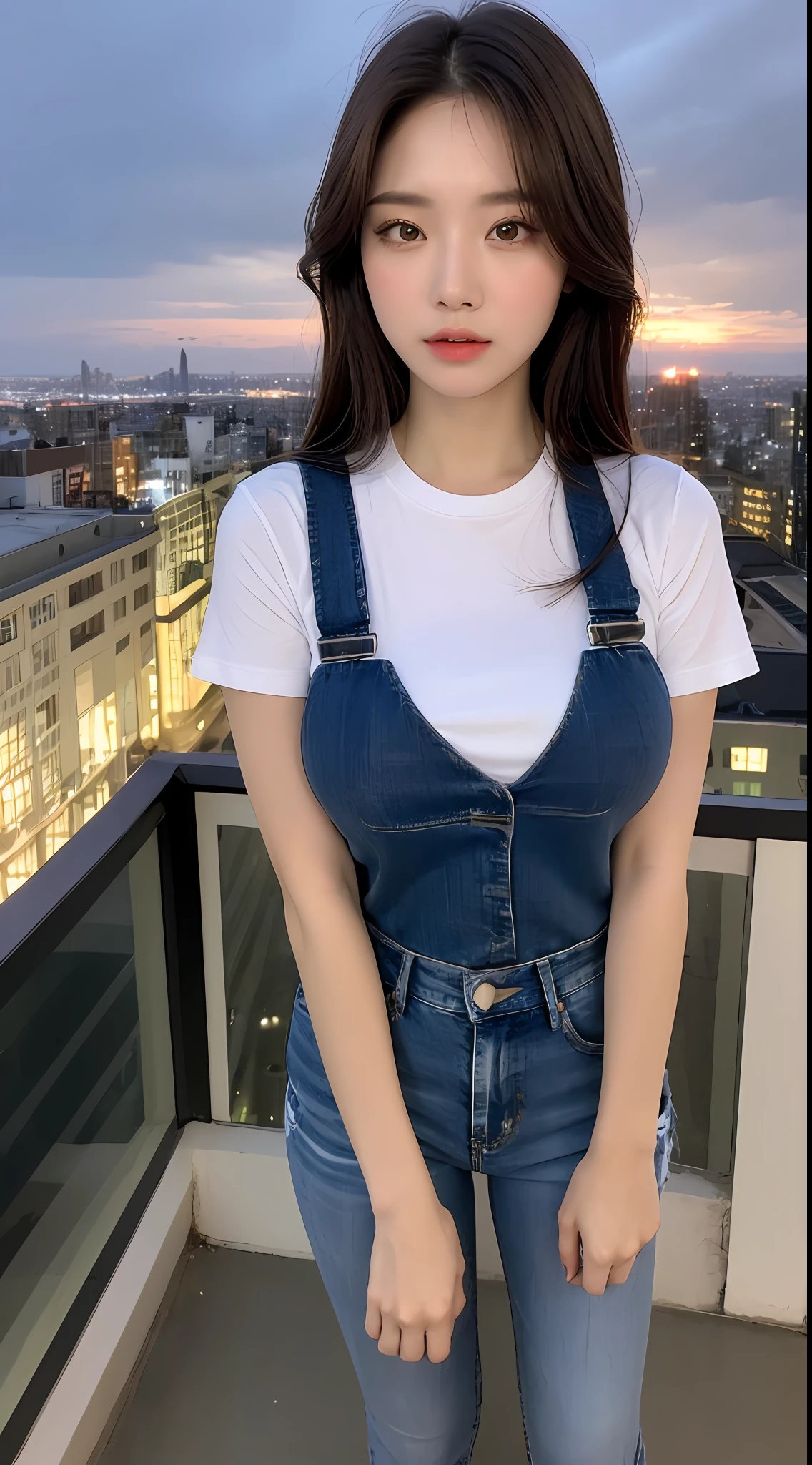 ((Midnight, Best quality, 8k, Masterpiece :1.3)), Whole body, Long legs, Sharp focus :1.2, A pretty woman with perfect figure :1.4, Slender abs :1.1, ((Dark brown hair,Gigantic  :1.2)), (White tight tshirt, Jean bib, Standing:1.2), ((Night city view, Rooftop:1.3)), Highly detailed face and skin texture, Detailed eyes, Double eyelid
