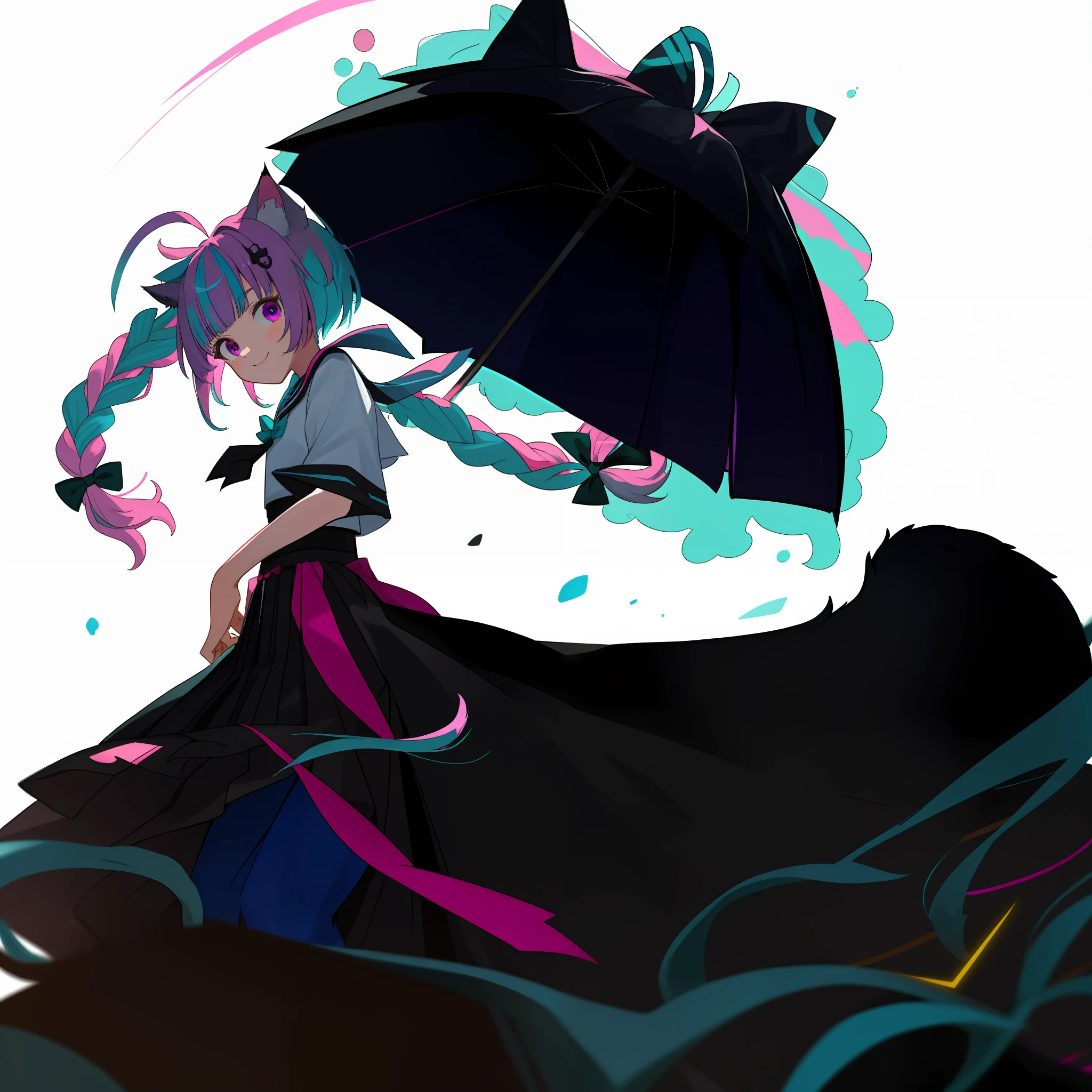 tmasterpiece， Best quality at best， high light， Sideslit， 1girll， minato aqua， Virtual YouTuber， coda， Animal ear， Cat ears， long whitr hair， Purple eye， pigtails， ahoge， a cat tail， a skirt， O cabelo multicolorido， Double up braid， blue hairs， two tone color hair， shairband， tail ornament， tail ribbon， Pink hair， Anchoring fittings， Ribbons， Sailor collar， 校服， pleatedskirt， Bow knot， Cat girl， double tails， By bangs， The upper part of the body，coffeehouse，ssmile，