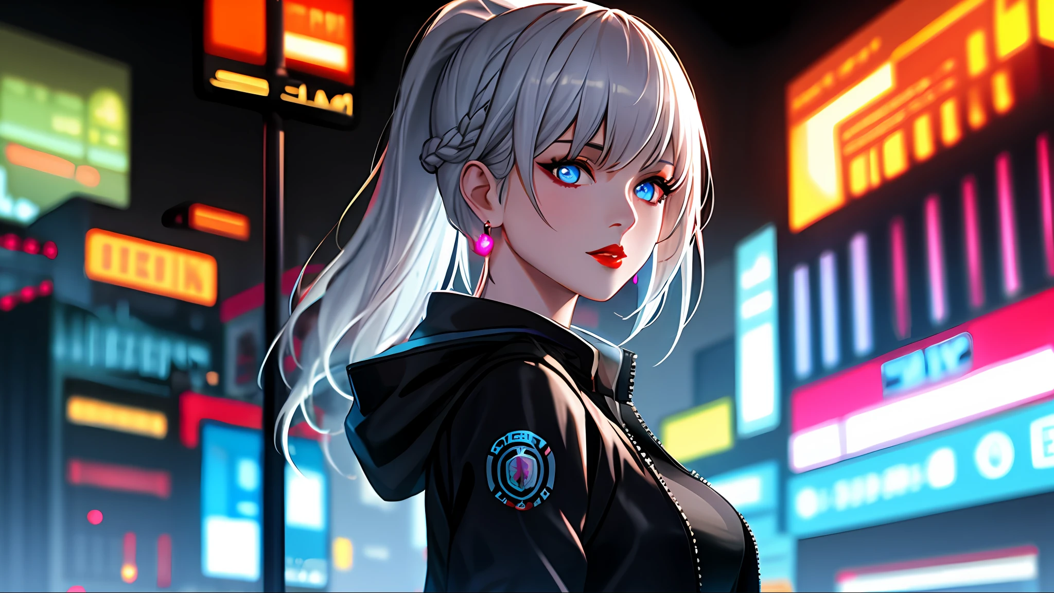 red lips, 1girl, bangs, white hair, black jacket, blue eyes, blurry, (blurry background:1.16), braid, breasts, earrings, from side, jacket, jewelry, long hair, looking at viewer, open clothes, open jacket, high ponytail, (mecha), glowing purple eyes, solo, upper body, baiyi, [[realistic]],(shiny skin), highly detailed background, (masterpiece:1.4),(best quality:1.4), red lips, parted lips, night, cityscape, neon lights, cyberpunk,(HDR:1.3)