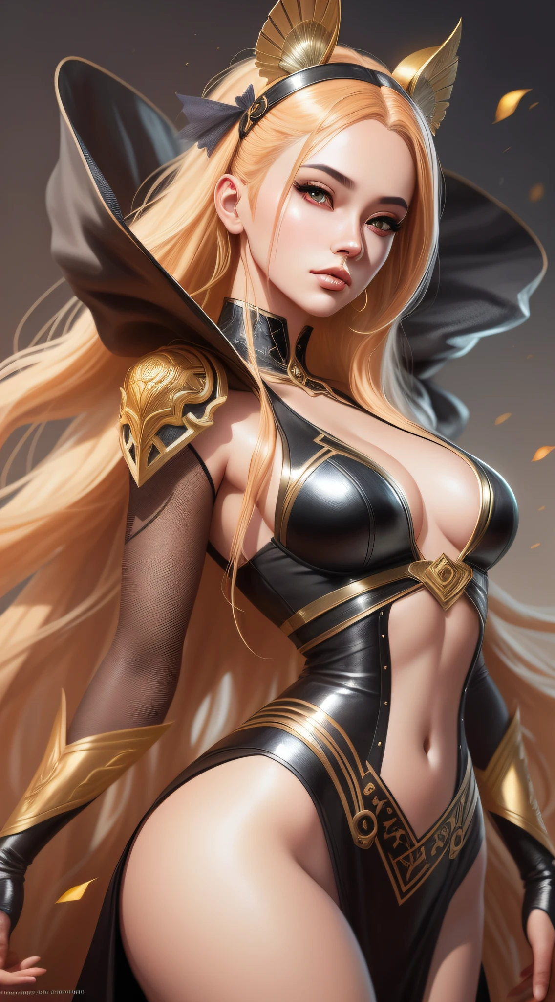 A close-up of a woman in black and gold outfit, Extremely detailed artgerm, Artgerm sur ArtStation pixiv, model ig | Artgerm, Style Artgerm, Art conceptuel | Artgerm, Artgerm. anime illustration, Artgerm. High detail, WLOP | Artgerm, Artgerm et RossDrawsDraws