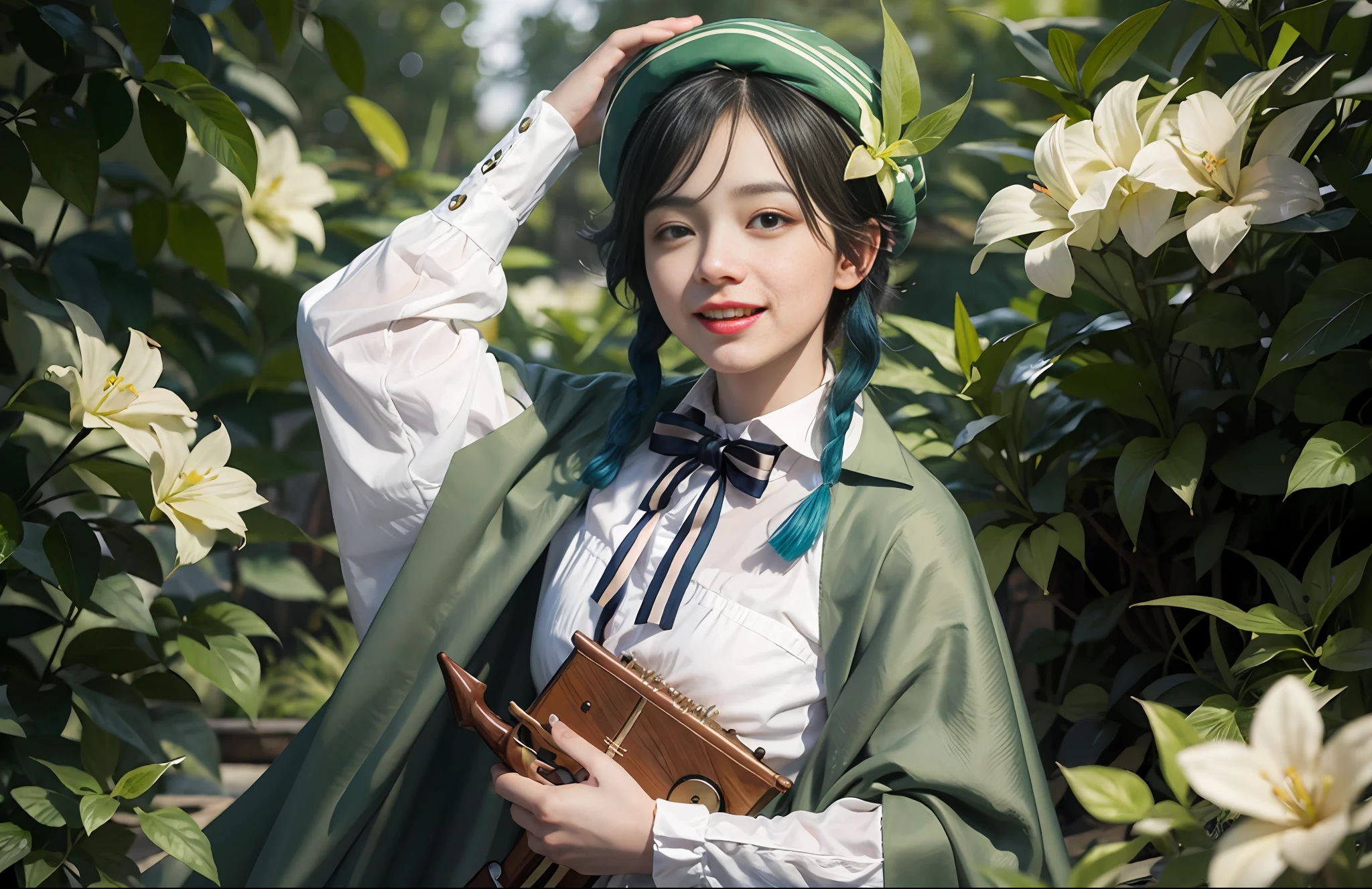 masutepiece, Best Quality,1boy, Male Focus, Venti (GenshinImpact), Smile,flower, Open mouth, Solo, hat, white blossoms, braid, green headwear, Twin braids, lyre, Smile, Black hair, Gradient Hair, Blue hair, multicolored hair, Bangs, musical instrument, Long sleeves, Green eyes, musical note, beret, Holding, Bring your tools, Bow, collared cape, short hair with long locks, androgyny, Cape, fronds, Looking at Viewer, Shirt, Jewelry