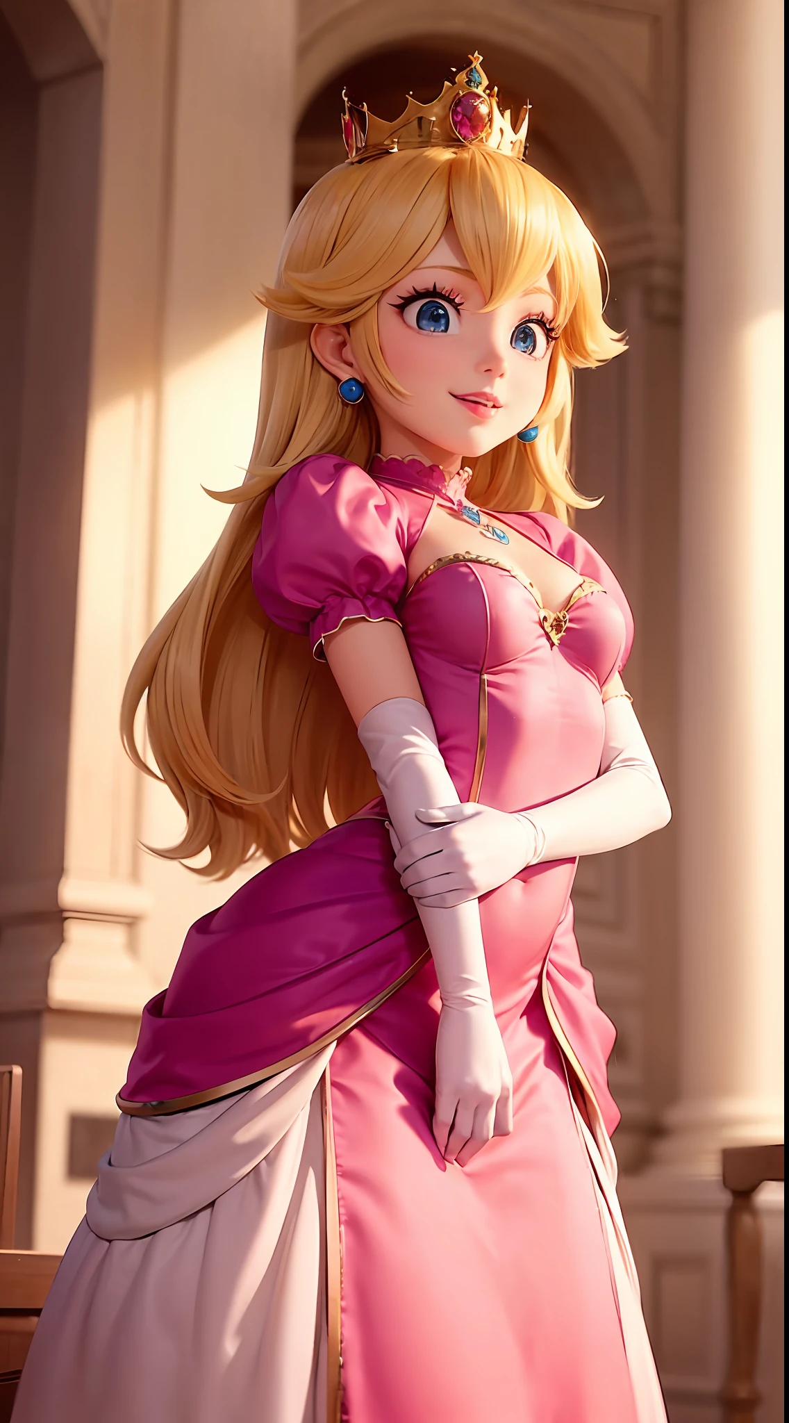 (Inside a castle setting,)  A petite Princess Peach wearing a beautiful hot pink dress, she is gentleand compassionate and is shown smiling gently, she wears a golden crown atop her blond hair and white gloves. She is a tall, extremely beautiful young princess with a fair skin complexion, light blue eyes, dark yellow eyebrows, and a small nose. She has six long eyelashes on each eye as well as dark eyeliner. Her lips are round with pink lipstick. With a focus on her alluring chest, she is depicted in a close-up shot from below.
