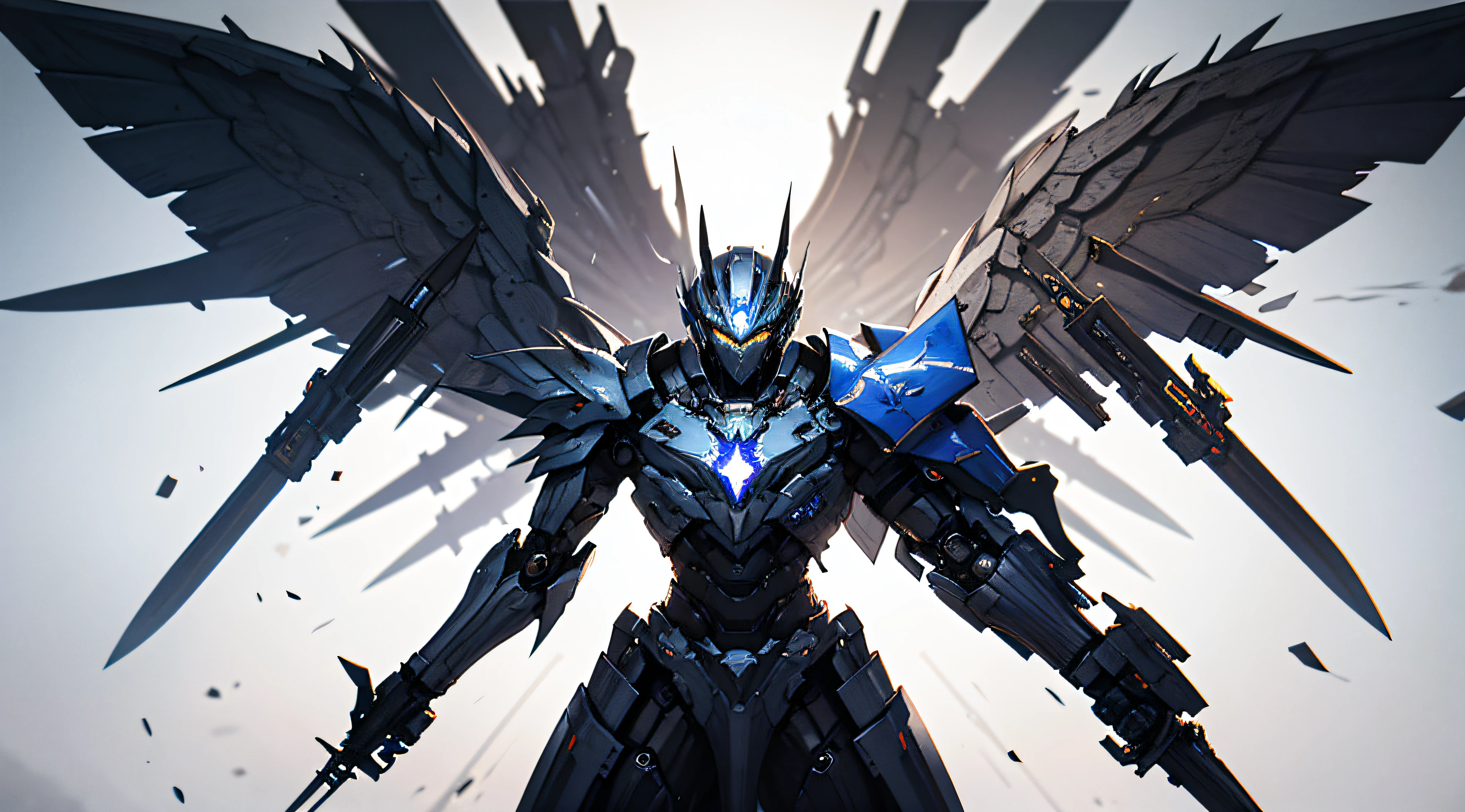 Men wear mecha, There are throwing knives everywhere, Long knife in hand,There is a sense of technology on the knife, The eyes are covered by armor,There are electronic eyes, Abstractionism, , , Cinematic lighting, hyper HD, Masterpiece, ccurate, Super detail, High details, High quality, Best quality, A high resolution, 16k,There are 5 throwing knives around,The throwing knife should be significantly strengthened,The throwing knife is his dark weapon!He has mechanical wings behind him, --auto
