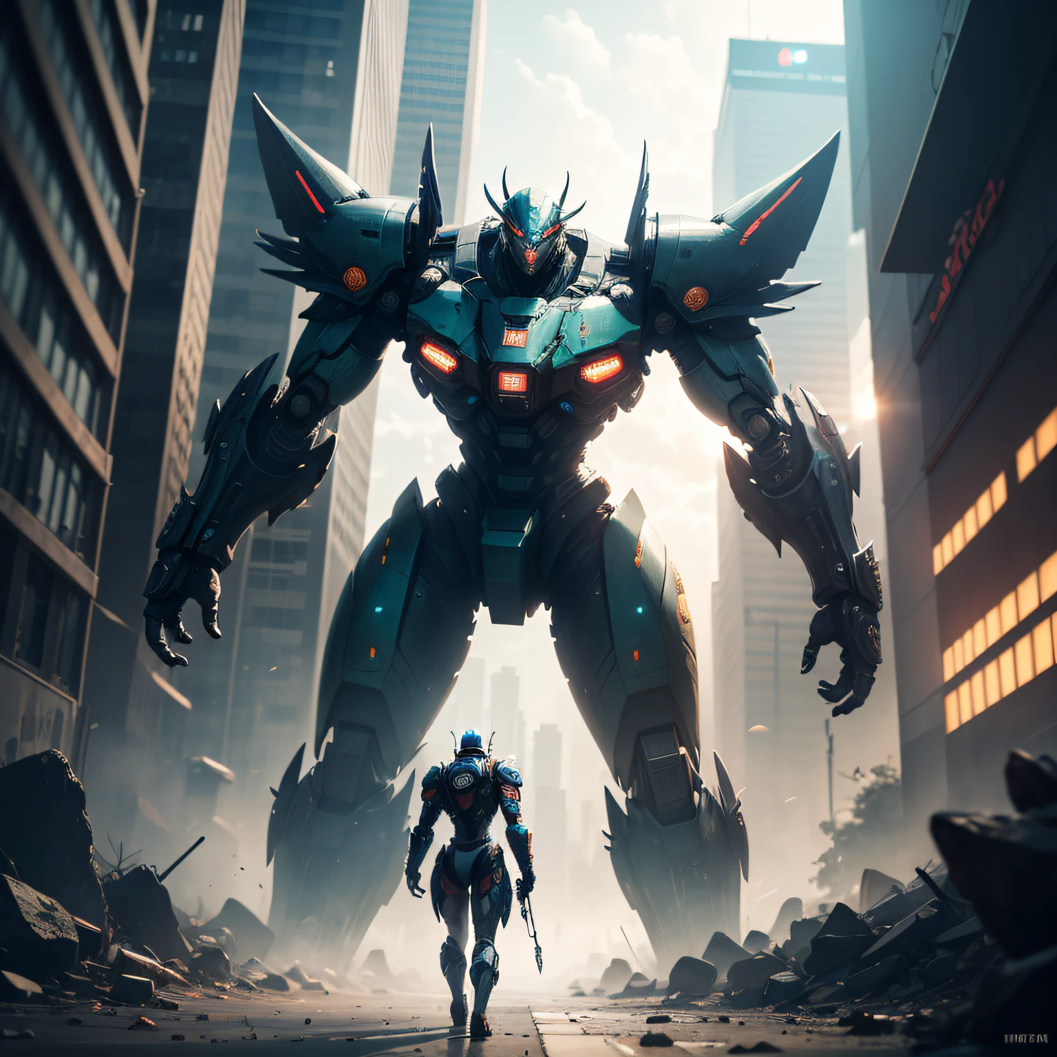 1 Monster,1mecha,Pacific Rim,cyber punk perssonage,Sense of oppression,The city of the future,Fight monsters,,Masterpiece,hyper HD,16k,structurally correct --auto