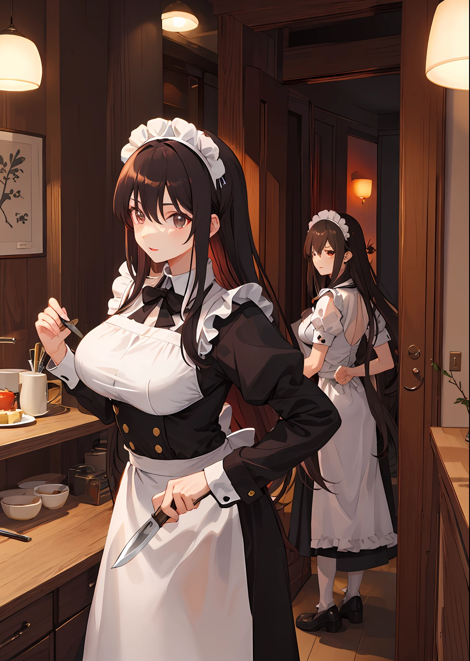 female pervert,brunette color hair,whiteskin,anime big breast,Long flowing hair,the maid outfit,Take a knife