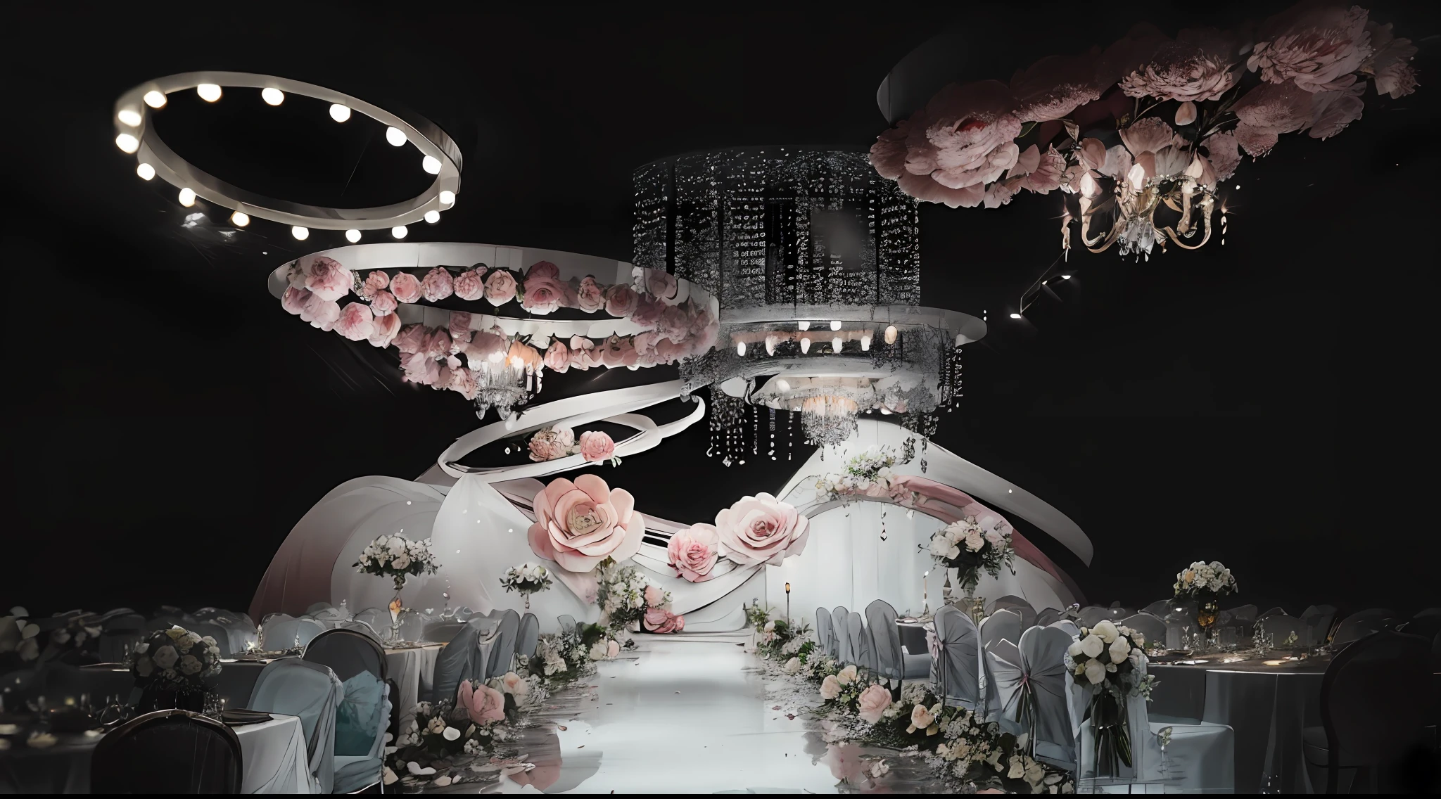 A beautiful European wedding banquet hall，A detailed illustration，8k，超高分辨率，Pubic area is clear，camelliamix，florals，Interior design，Beautiful suspended ceiling，crystal lamp，Beautifully furnished，Wedding design，Wedding renderings，