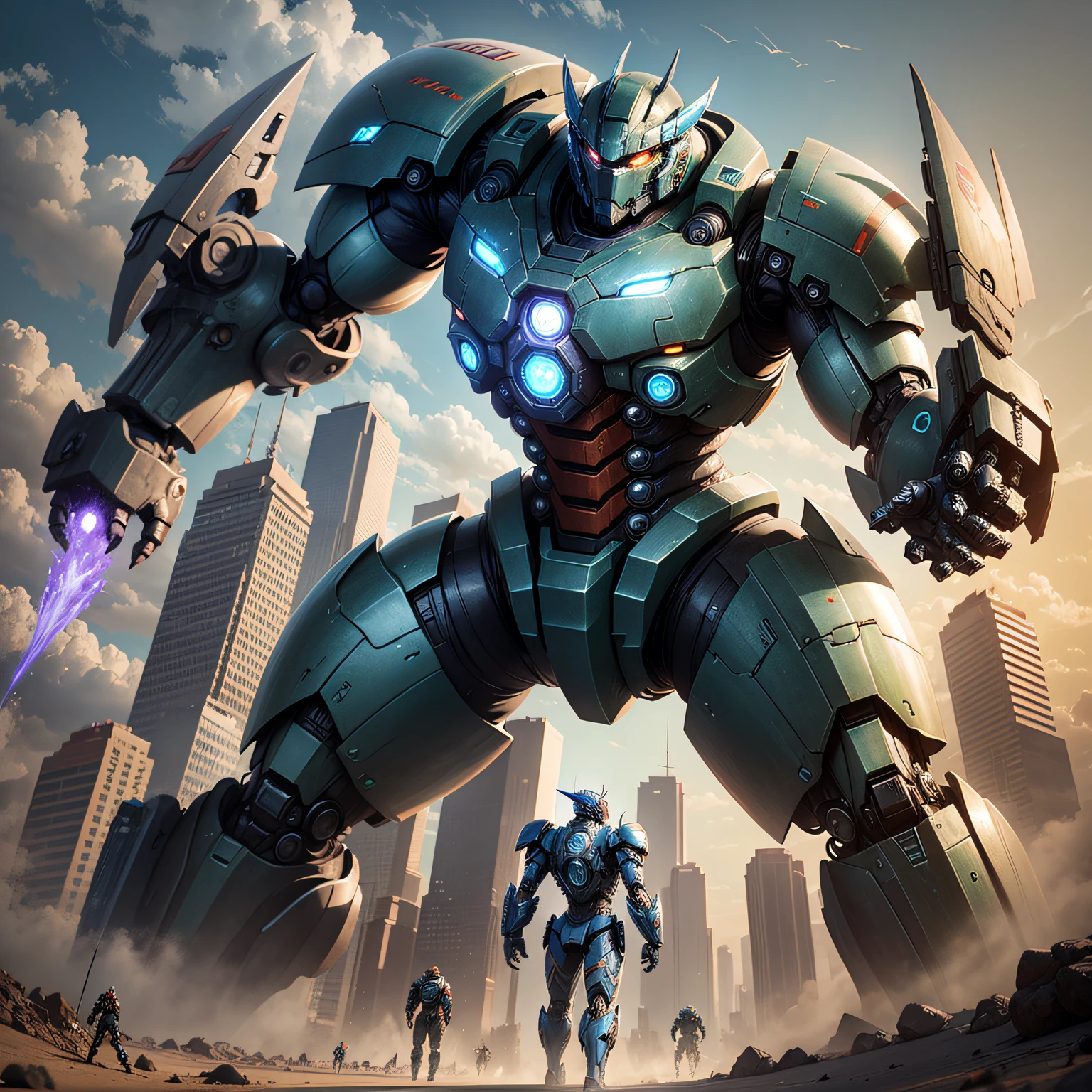 1 Monster,1mecha,Pacific Rim,cyber punk perssonage,Sense of oppression,The city of the future,Fight monsters,,Masterpiece,hyper HD,16k,structurally correct --auto