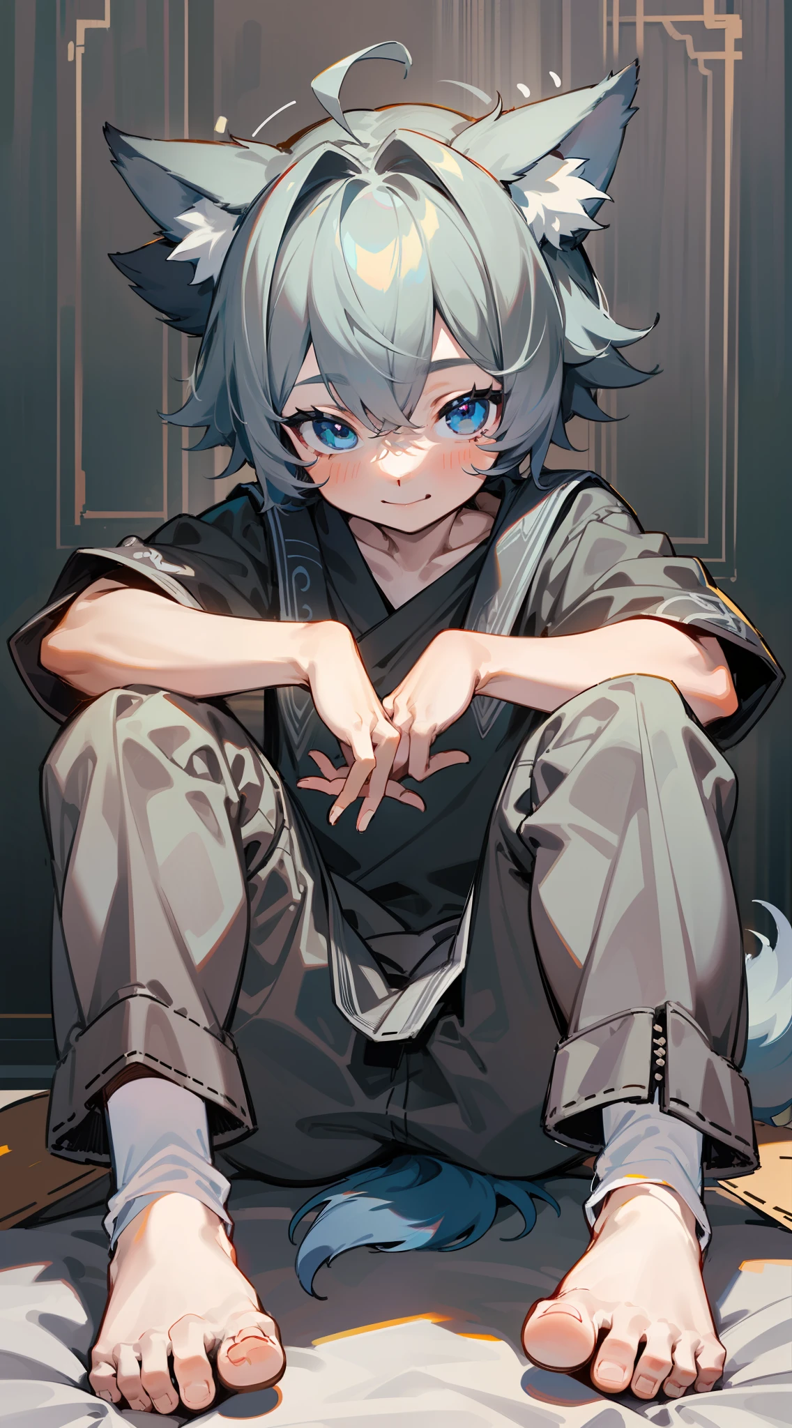 (1boy), (Shota), (HD quality, masterpiece level), cute teen characters, dark gray hair, blue eyes, (wolf ears), (wolf tail), one tail, (no ears), (little boy), (ears covered), (hair covered ears), a pinch of blue bangs, full body diagram, chubby face, bare feet, lovely feet,smile