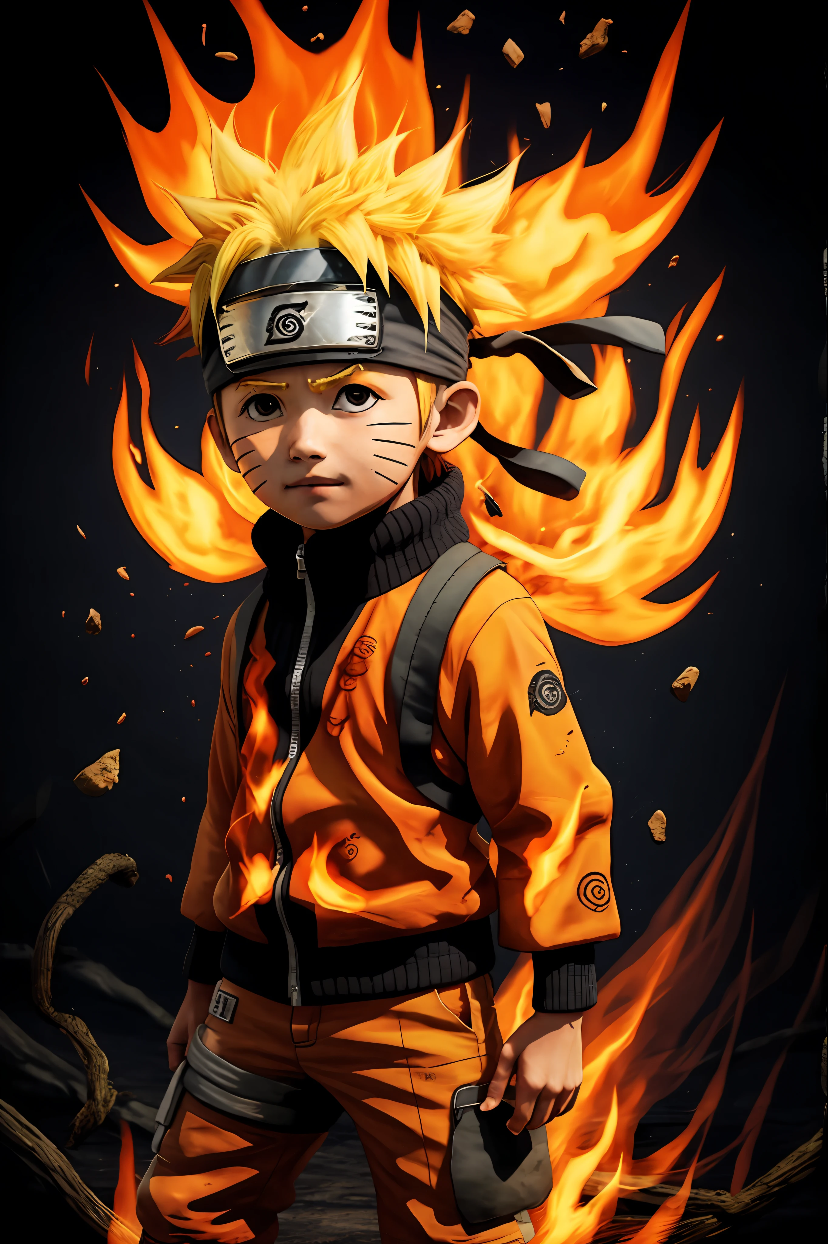 Naruto,1boy, black_background, fire, 9 fox tails,