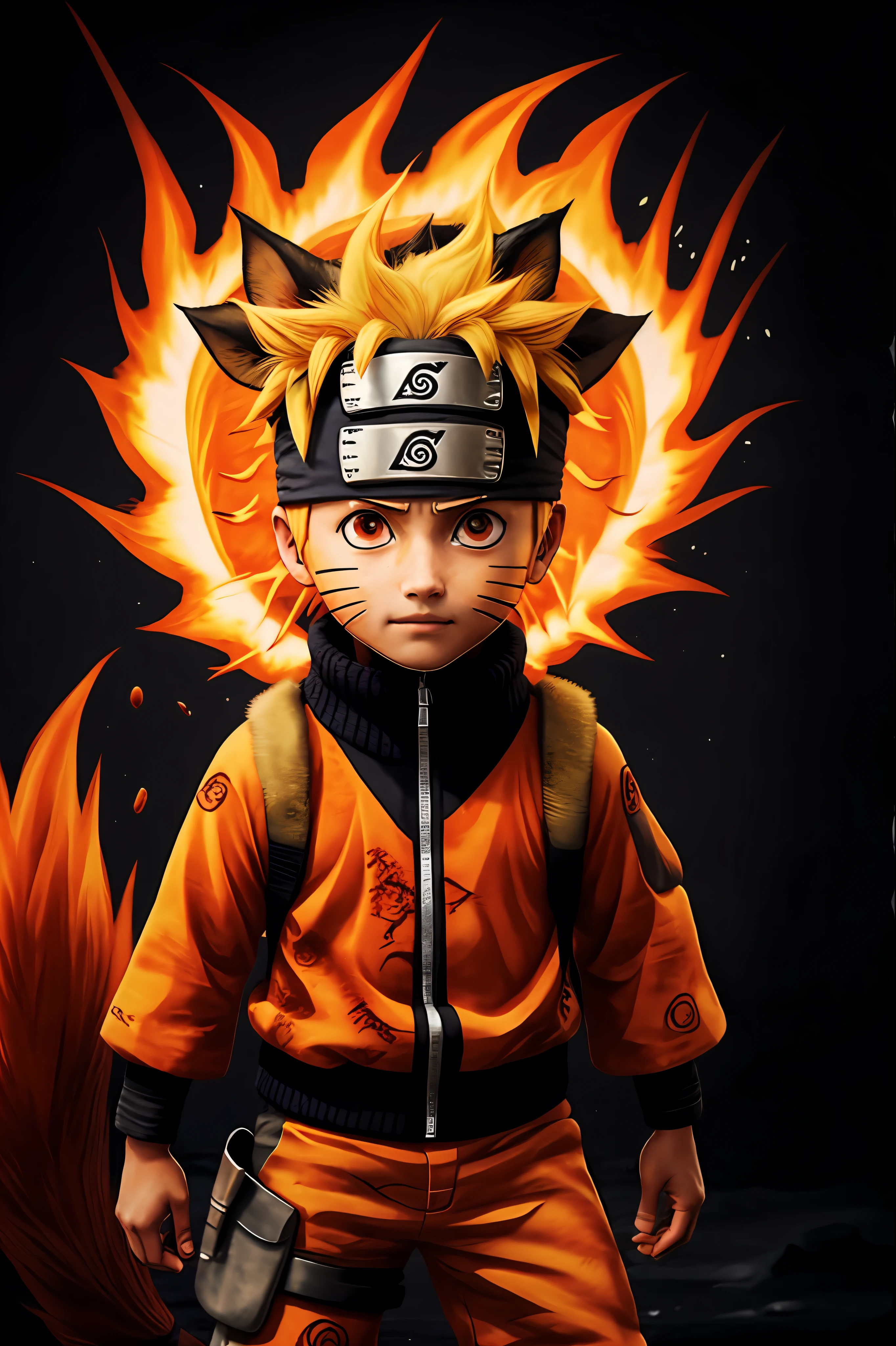Naruto,1boy, black_background, fire, 9 fox tails,