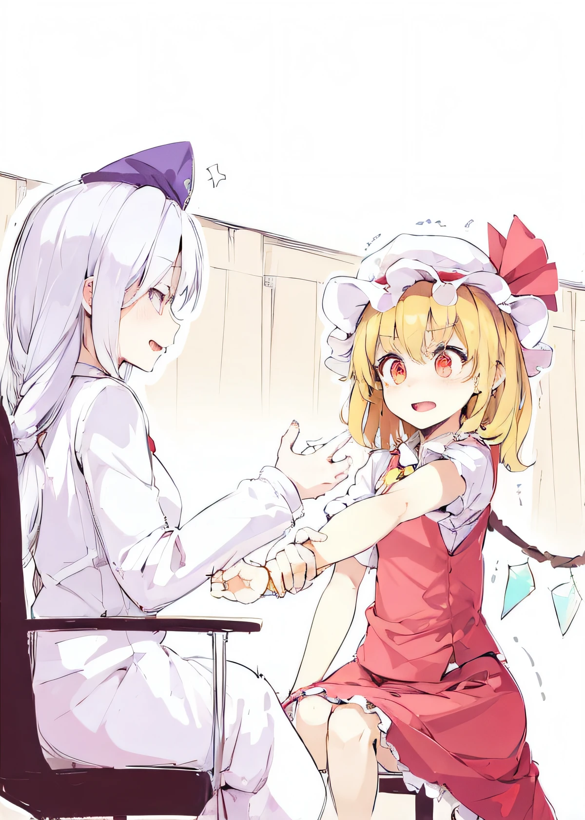 Anime girl in white dress and red dress sitting at desk, from touhou, Touhou Project, , touhou character, In pixiv, with index finger, by Kanbun Master, kirisame marisa, high quality fan art, Shirabii, pixiv, zerochan, Happy!!!, touhou project official artwork
