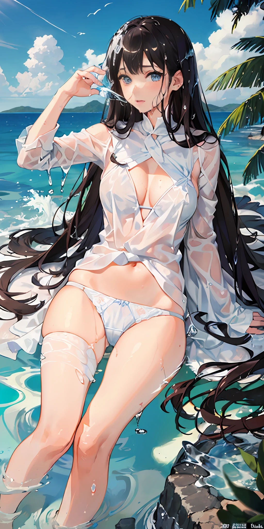 ((White liquid flows from between the legs))(There is a lot of white liquid on the face)Panties are tight ((Wear clothes that are wet with water,no underwares)) (The panties were wet with water)