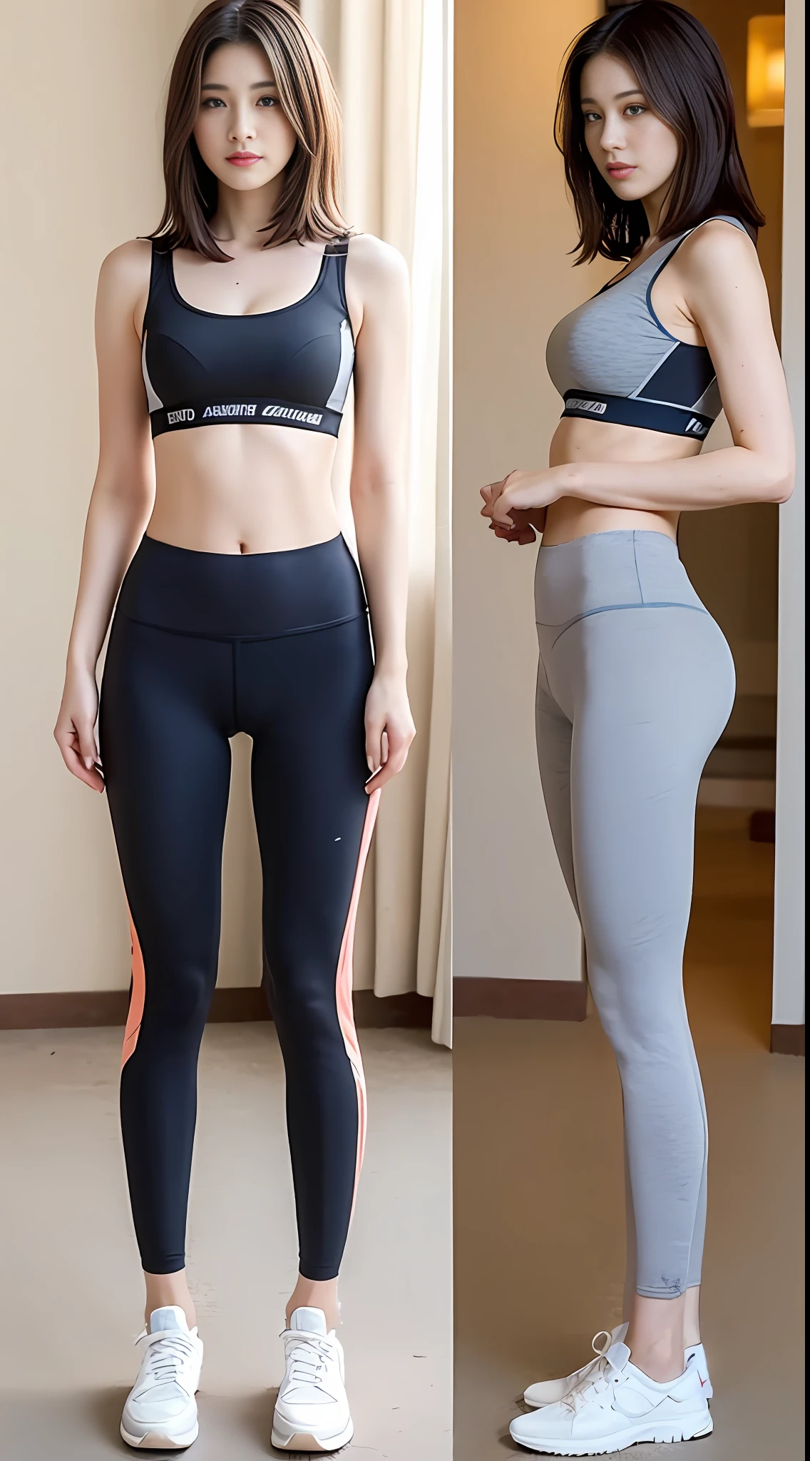 ((top-quality、8K、masterpiece:1.3))、Tall and beautiful woman、Perfect figure:1.4、Slender Abs、Dark brown hairstyle、shorth hair、Light gray yoga pants、No postural movement、Stand up straight、huge bust、Highly detailed facial and skin texture、A detailed eye、二重まぶた、Face with a cold、A royal sister full of fans、full body Esbian、Peach butt、Small Sports Bra、squatt