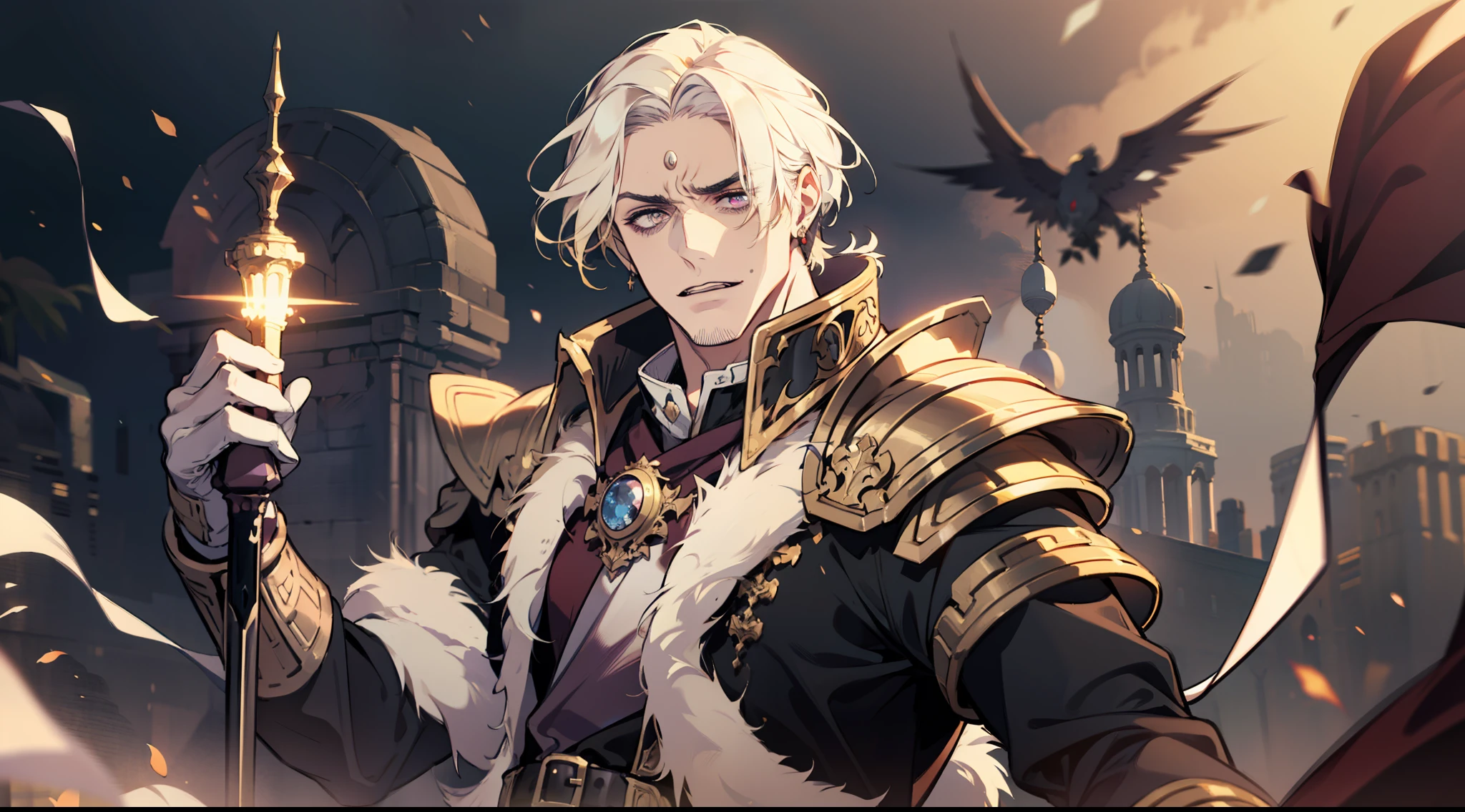 (absurderes,A high resolution),16k,large tall,1 man,old age,short mustache,Golden hair,Armor,Intricate attire,Western-style Middle Ages,period costume,Open-mouthed,Purple light,magic power,magia,Open-mouthed