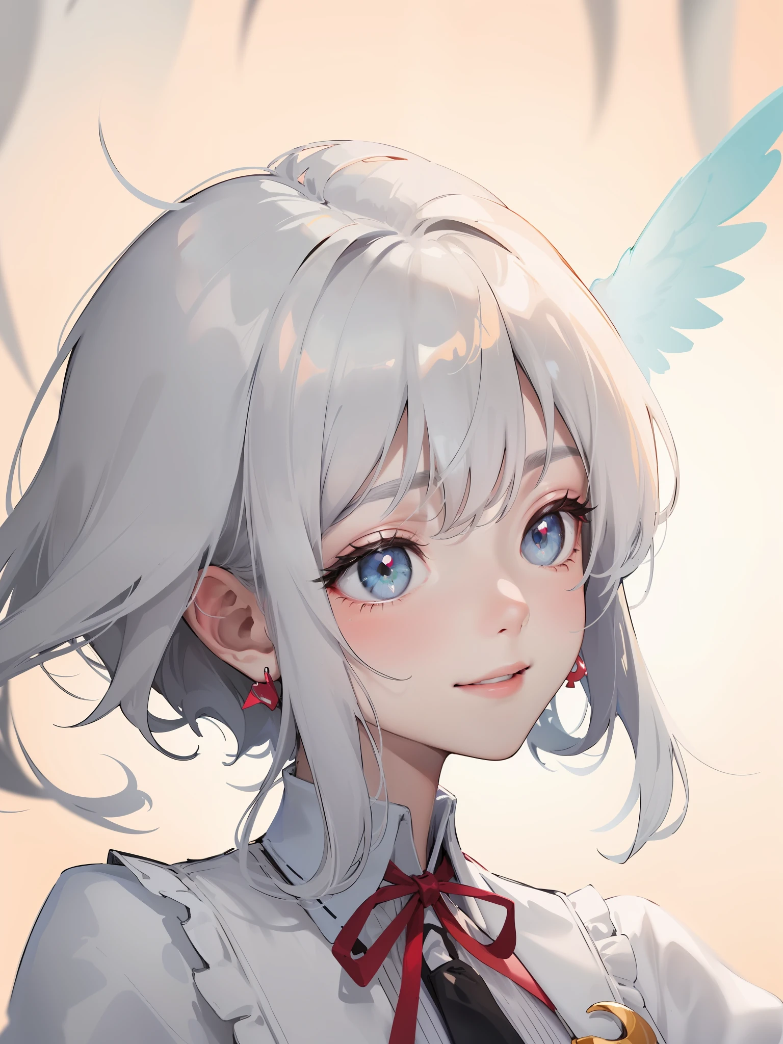 (angel wing), (tmasterpiece), (Extreme Quality), (adolable)Anime portrait of beauty with smile and bunny earbands、crescent earrings,Neck combing, gray and short hair,Wearing a white tie and a Guvez outfit,Small and unique portraits have laid the foundation for unique colors and anime styles。The facial details are very delicate,In particular, the pupils exude a laid-back and charming atmosphere of digital animation art;Smiling emojis make your heart beat too,It just happens to be such a cute and romantic feeling of love。