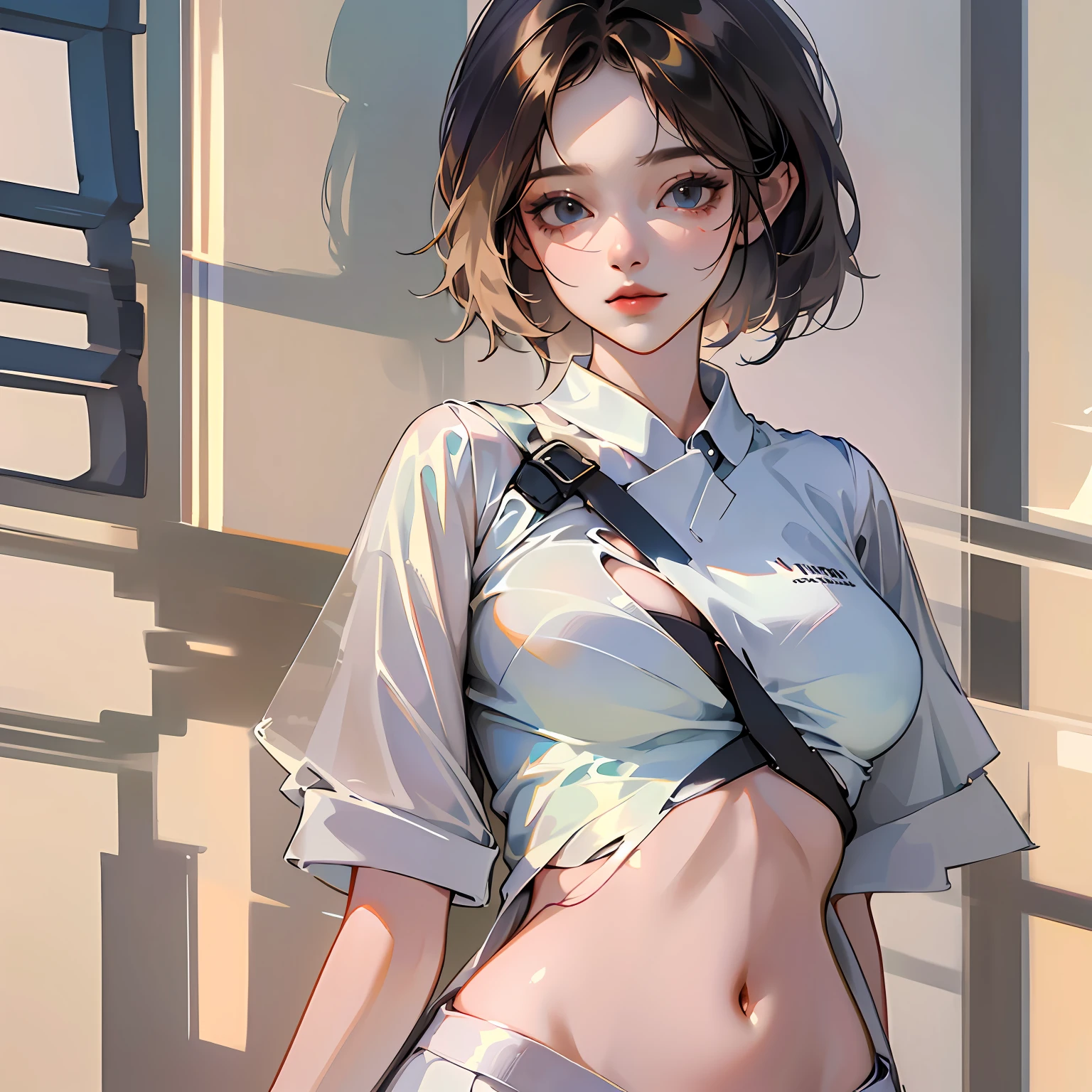 (Original photo: 1.2), (Realistic: 1.4), (Masterpiece: 1.3), (Best quality: 1.4), Dreamy, (detailed eyes), (detailed facial features), (detailed clothing features), Skin tightness, (Shiny skin), (Slim Girl), (Slim Girl), (Slim Girl), 1 Girl, Veronica Code, Solo, Cute, Bangs, Short brown hair, Black eyes, (Medium breasts), ((Shirt)), Dynamic pose, (Kodak Film Color) ((Camera not visible)) ((White Studio) (Studio Light) ,(crop top:1.4) --auto