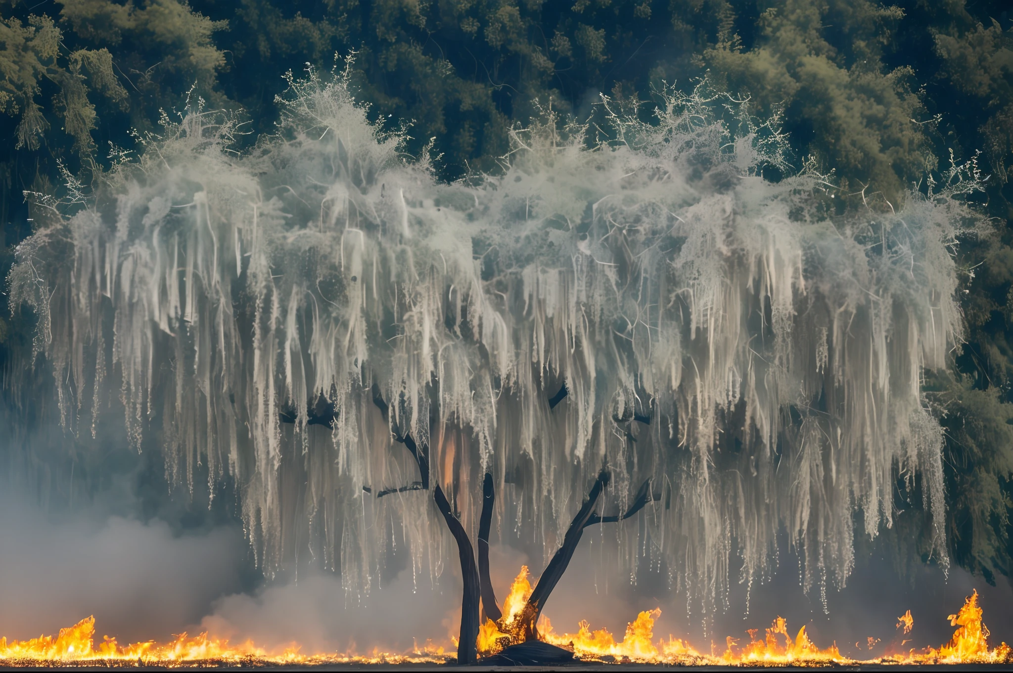 An incredible modern photography of a Blue Willow tree set on fire with the Dollar Sign on it. People screaming in horror --auto --s2