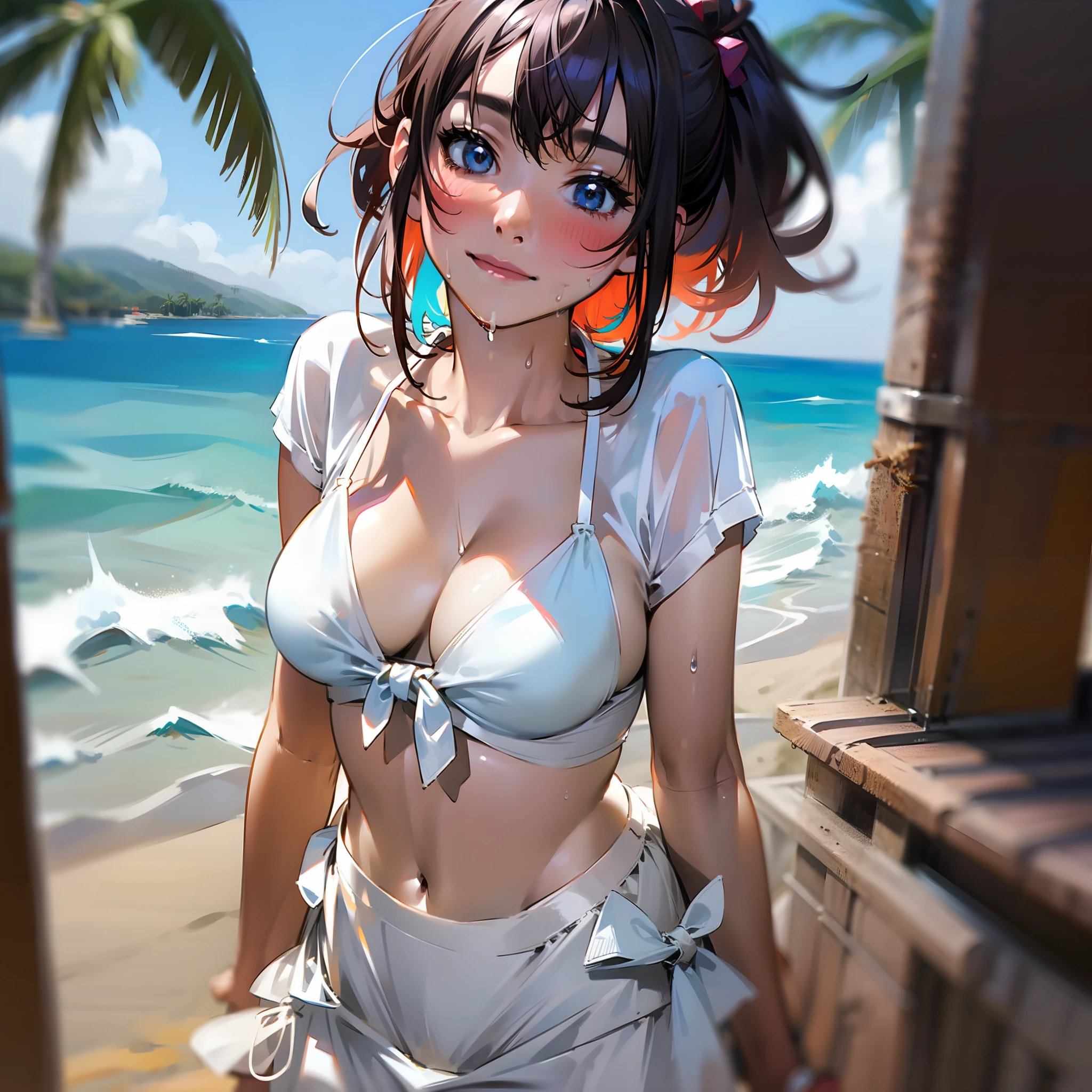 Beautiful fece, illuminating, ​masterpiece, top-quality, 1girl in, 独奏, Samyang,maikurobikini, Stylish white bikini,Wet and wearing a white shirt、 cleavage of the breast, suntan lines, looking at the viewers, A detailed face, A detailed eye, detailed hairs, standing at a beach、beauty legs、landing,poneyTail、 the beach、Palm trees、mare、 wetted skin, wetting hair, High quality water, hard disk, 4K, Super Settings、A dark-haired、Shorthair、Hair tied on top、Colorful inner colors