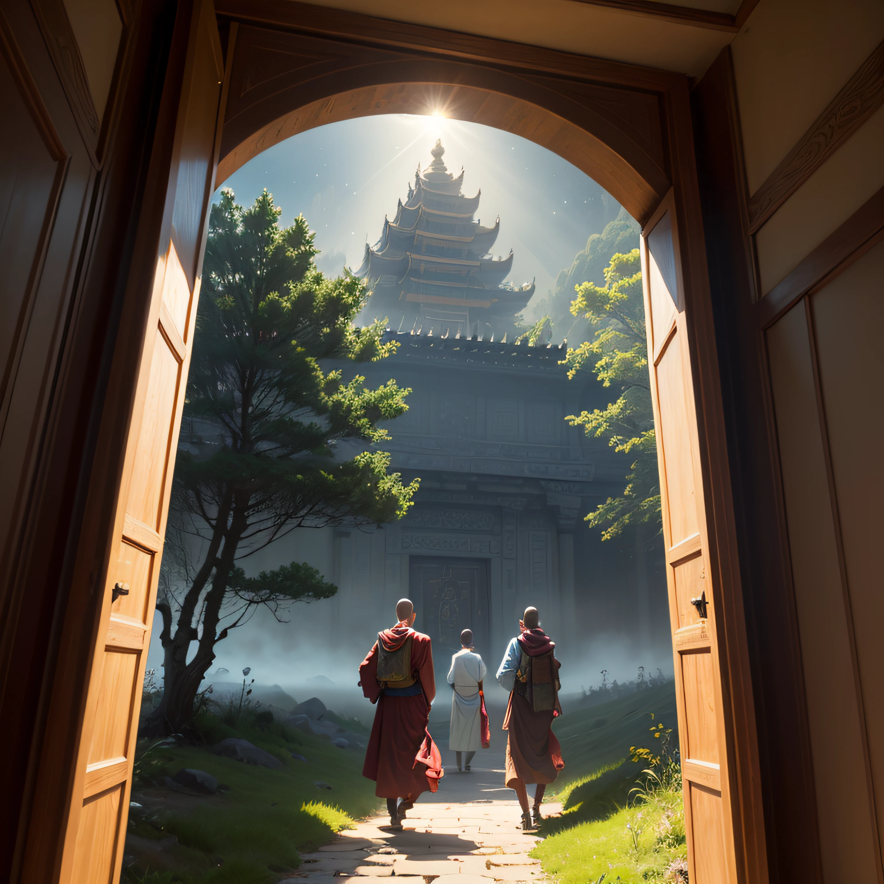 Under the cosmic backdrop, a Tibetan temple is framed by the lush green grassland. As a group of walking monks pass by in the evening, the warm sunrays create a beautiful and magical haze of light, filling the scene with a mystical and spiritual atmosphere. --auto