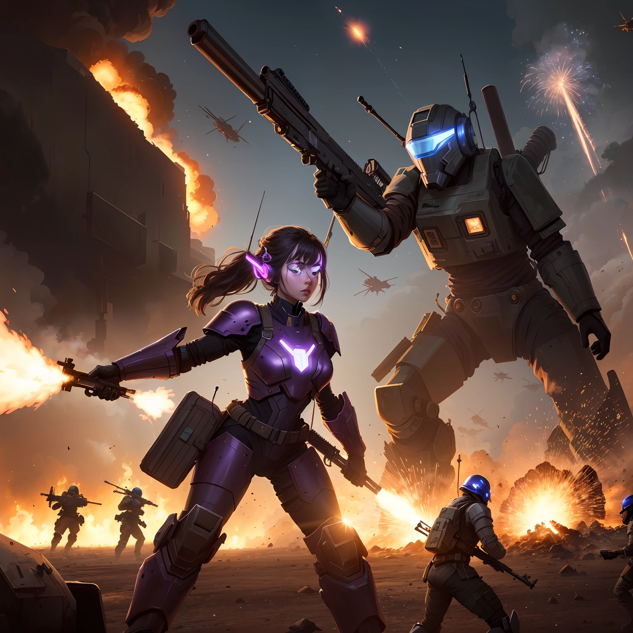 anime scene of a woman with a gun and a robot in the background, soldiers and mech fight, alena aenami and android jones, fps game concept art, beeple and tim hildebrandt, high quality digital concept art, epic sci - fi character art, epic sci-fi character art, clothed in sci-fi military armor